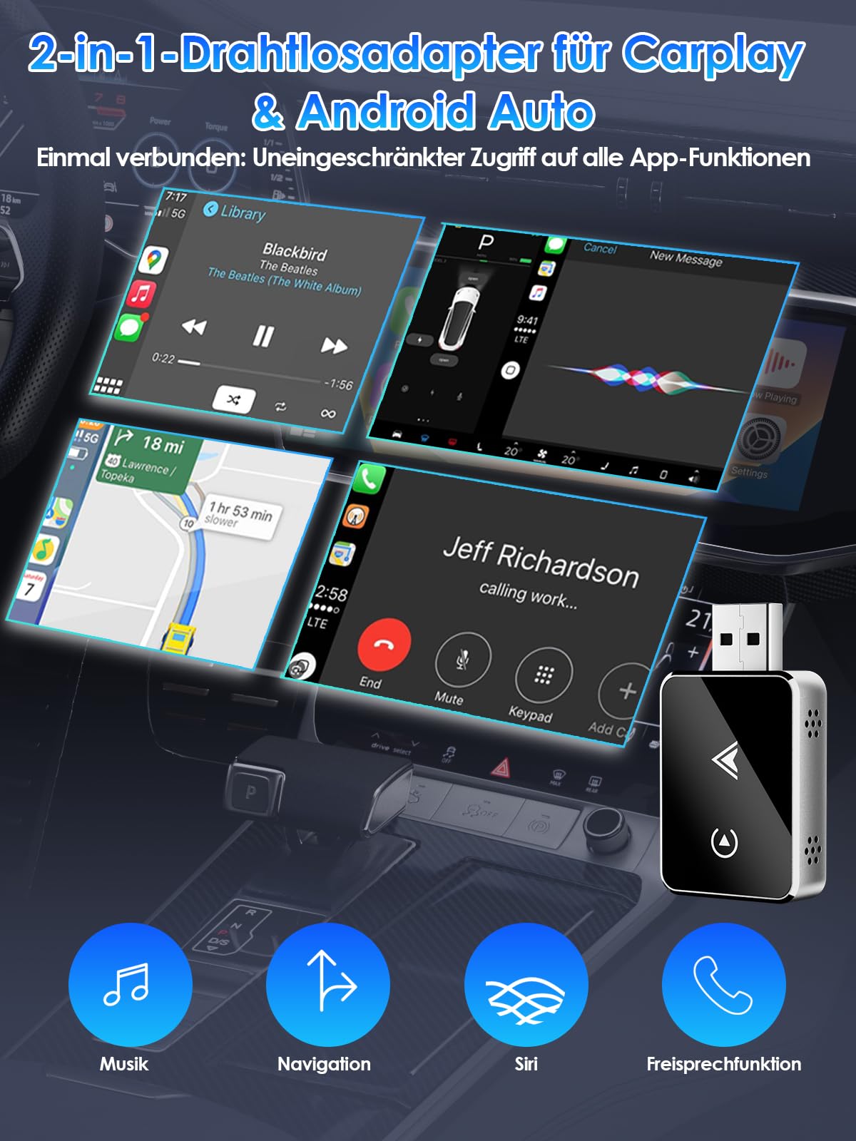 Draadloze adapter 2-in-1 voor CarPlay/Android Auto, PARPAT-conversie van bedraad naar draadloos met USB/Type-C, stabiele verbinding en geen vertraging, compatibel met iPhone/Android 