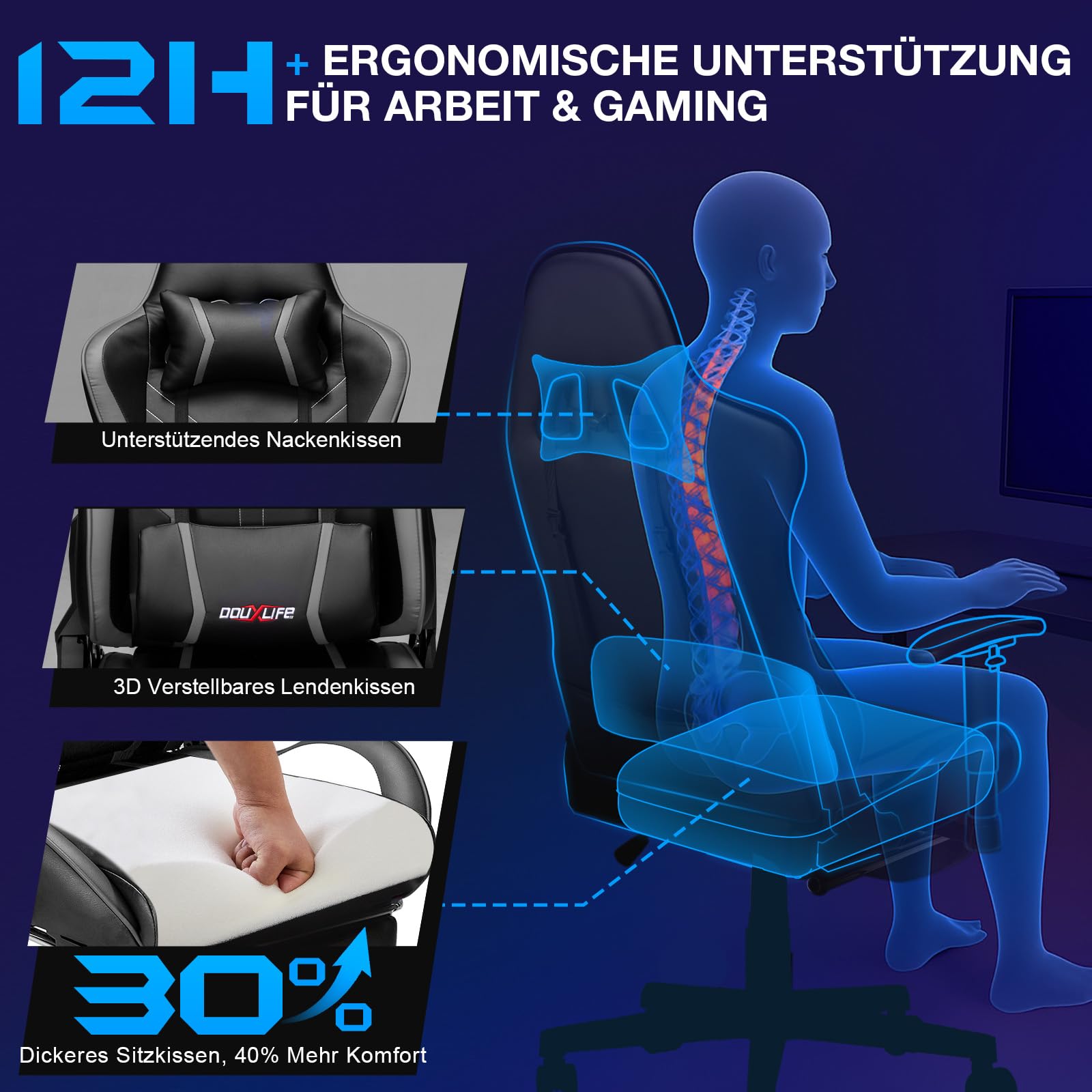 Douxlife Gaming Chair, met 7-punts massage, voetensteun, ergonomische bureaustoel (180 kg), rugleuning verstelbaar van 90-175°, verstelbare armleuningen, bureaustoel voor volwassenen, zwart-wit 