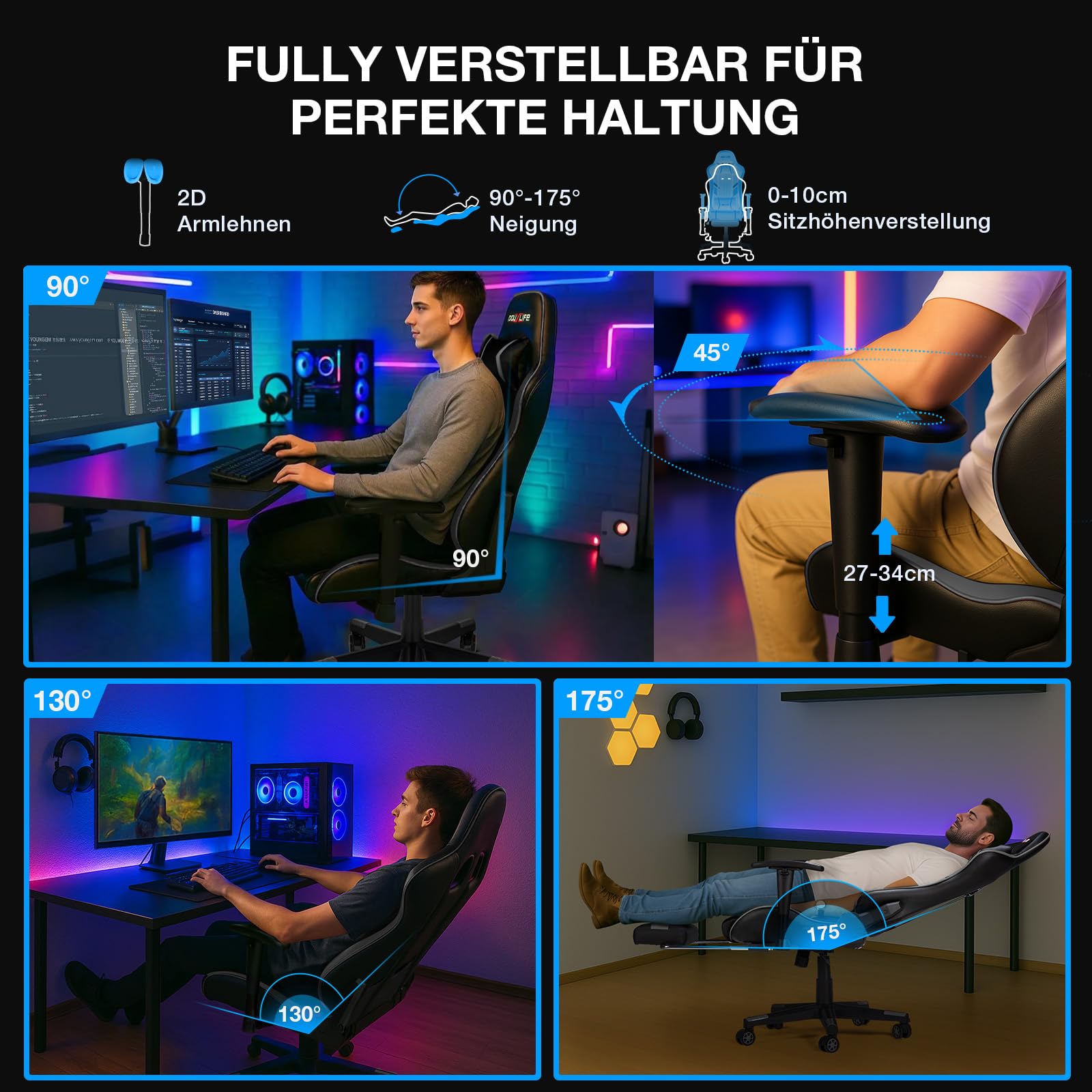 Douxlife Gaming Chair, met 7-punts massage, voetensteun, ergonomische bureaustoel (180 kg), rugleuning verstelbaar van 90-175°, verstelbare armleuningen, bureaustoel voor volwassenen, zwart-wit 