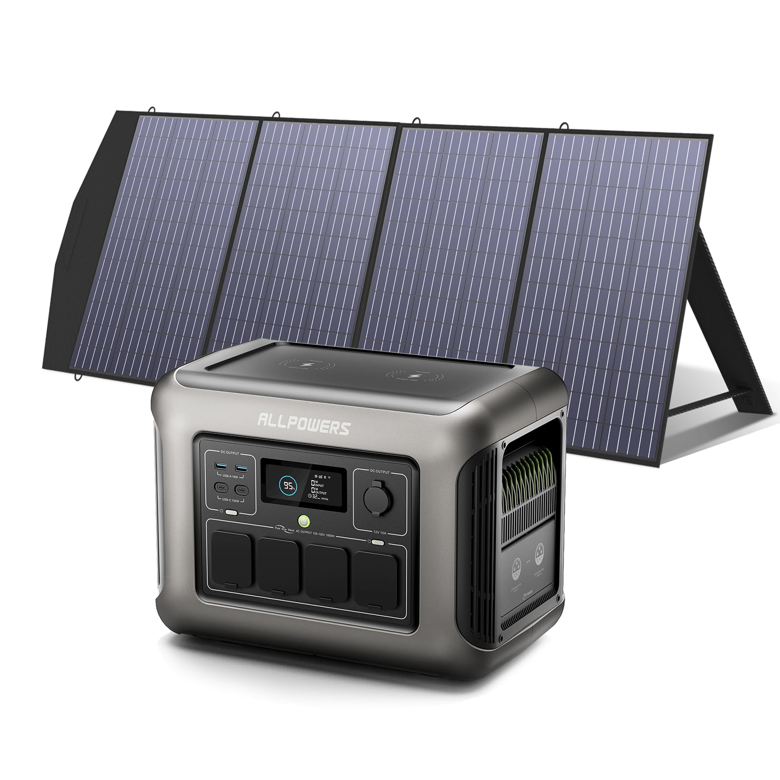 ALLPOWERS R1500 Draagbaar Energiestation met 200W Zonnepaneel, 1152Wh LiFePO4 Accu met 1800W AC Output Zonnegenerator, 43dB Stille Werking Mobiele Noodstroomvoorziening voor Tuin Reizen Kamperen Camper 