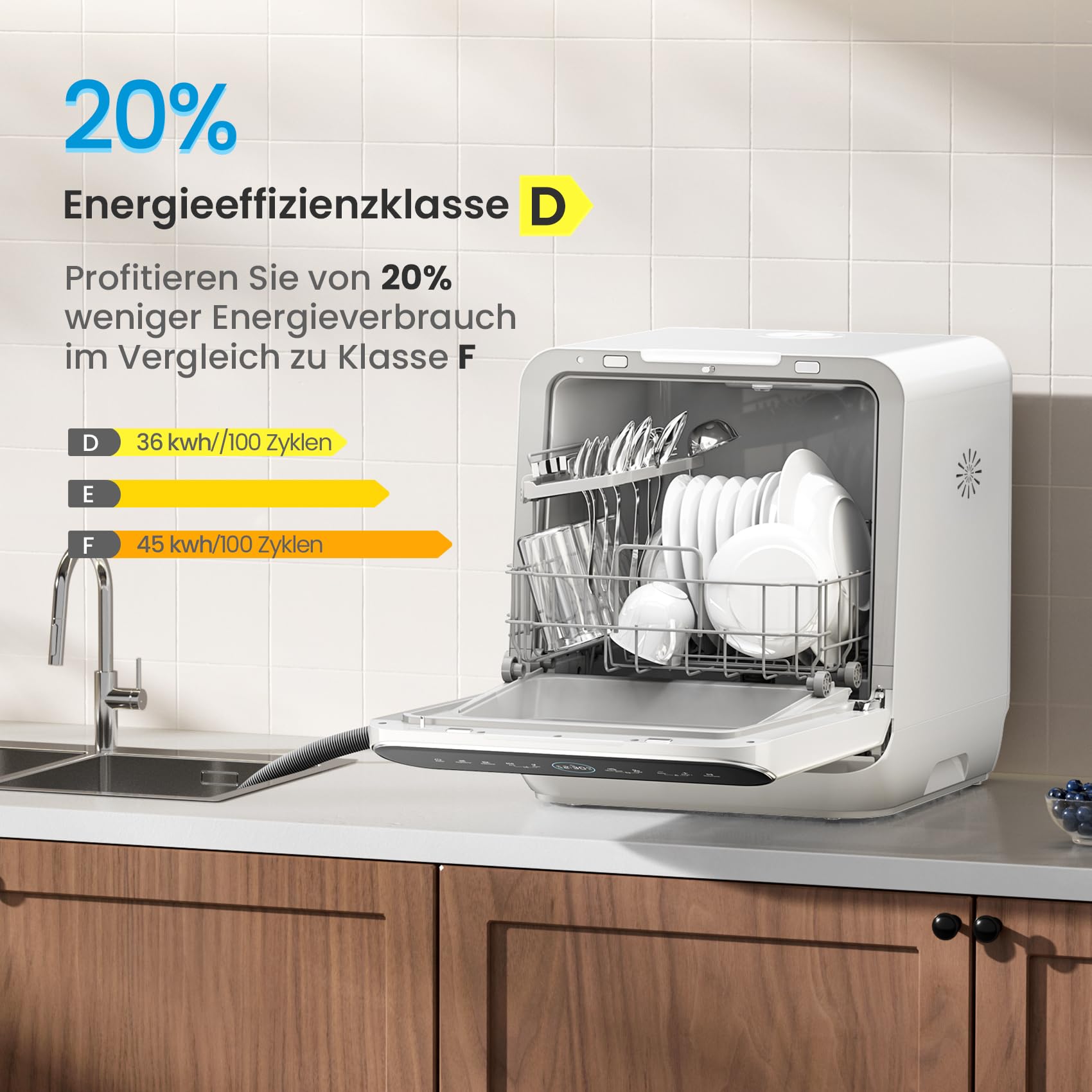 Midea ST 3.6F wi aanrechtvaatwasser, 6 wasprogramma's, startuitstel, extra droogfunctie, IoT-bediening, minivaatwasser, ideaal voor kleine appartementen, wit 