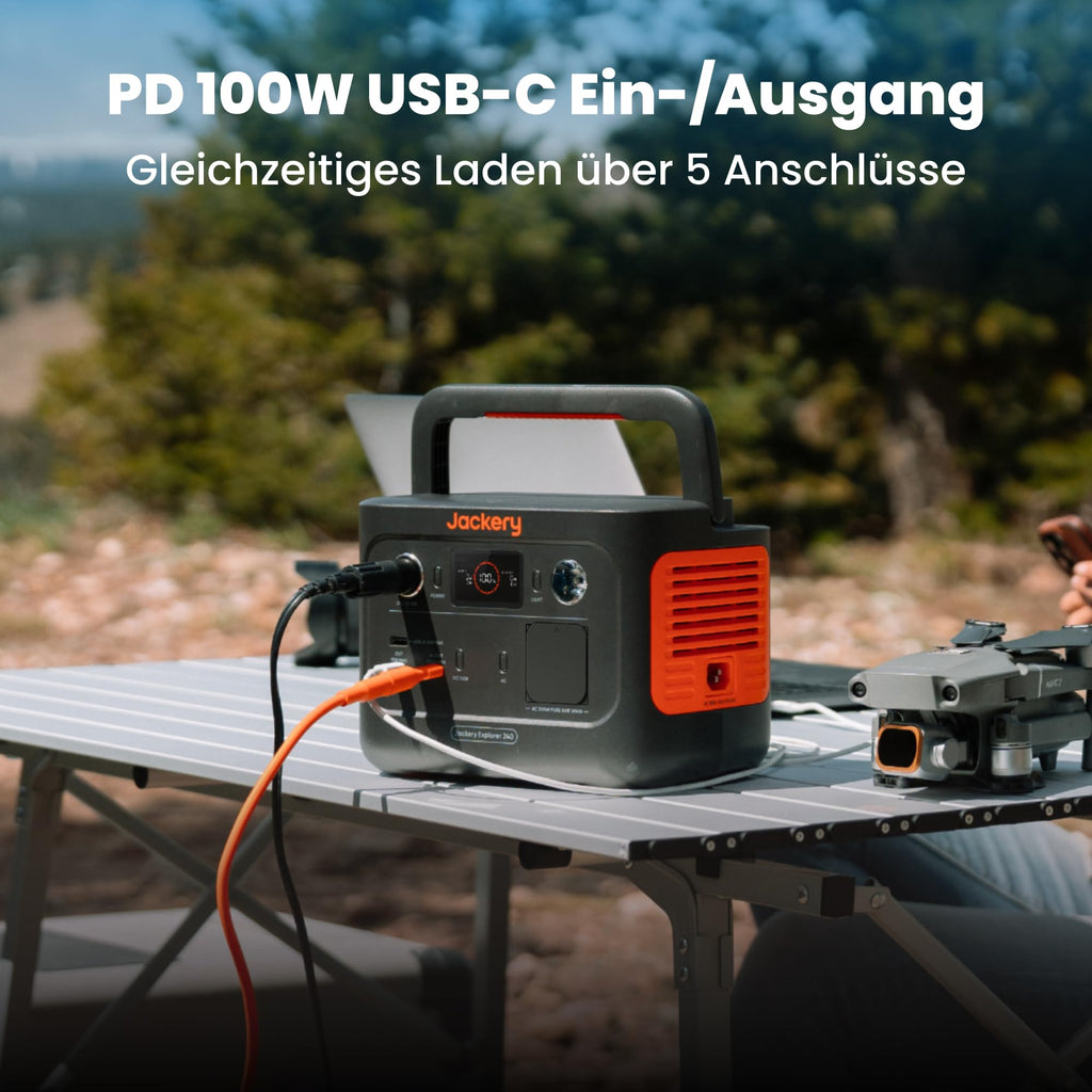 Jackery 240 v2 zonnegenerator met 40W zonnepaneel, 256Wh LiFePO4-accu, 300W AC en 100W USB-C-uitgang voor buiten, kamperen en noodgevallen (nieuw in 2024) 
