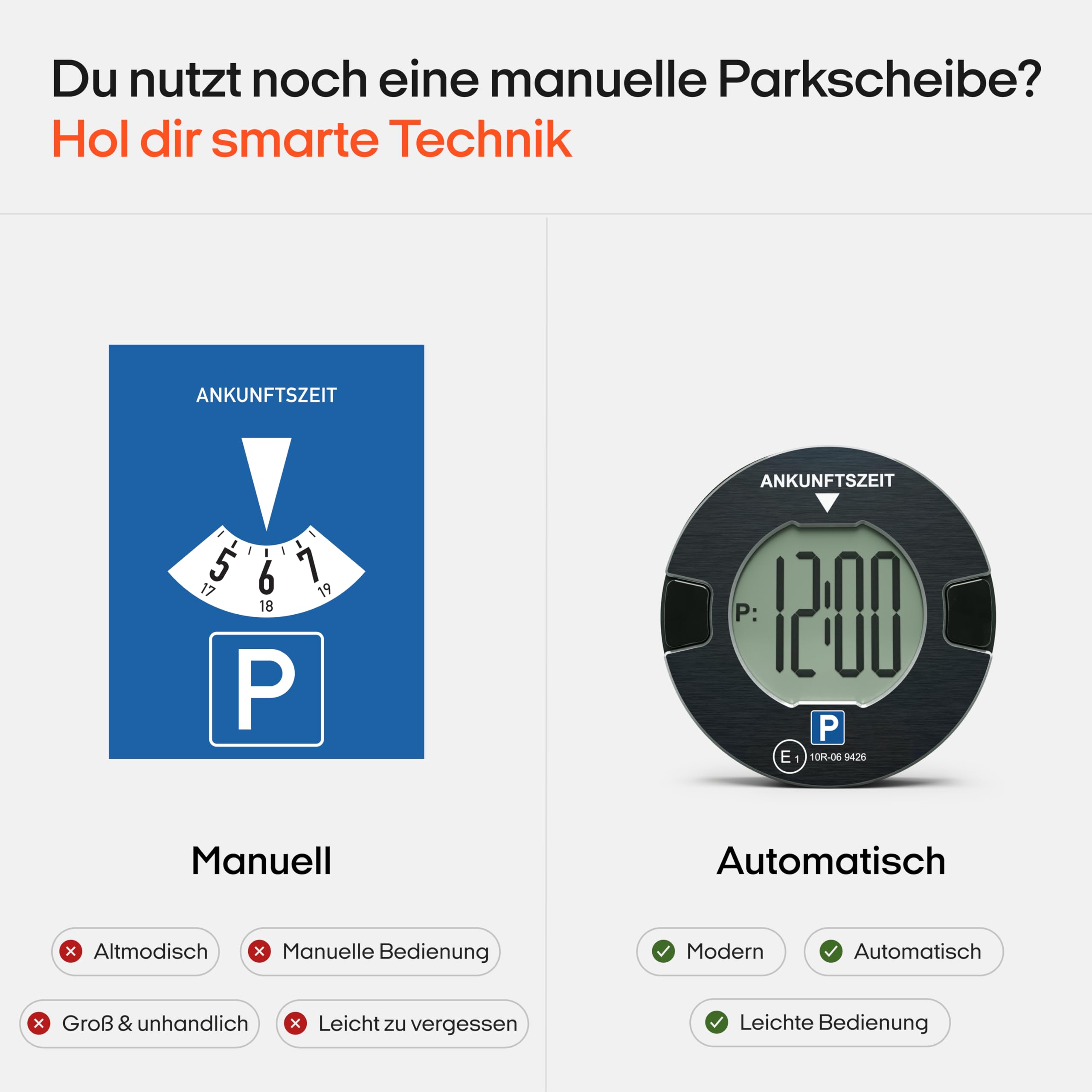 OOONO P-DISC NO1 - Elektronische parkeerschijf met goedkeuring voor auto's - Automatische digitale parkeerschijf elektrisch met goedkeuring van de KBA volgens StVO - Elektrische parkeermeter auto goedgekeurd 