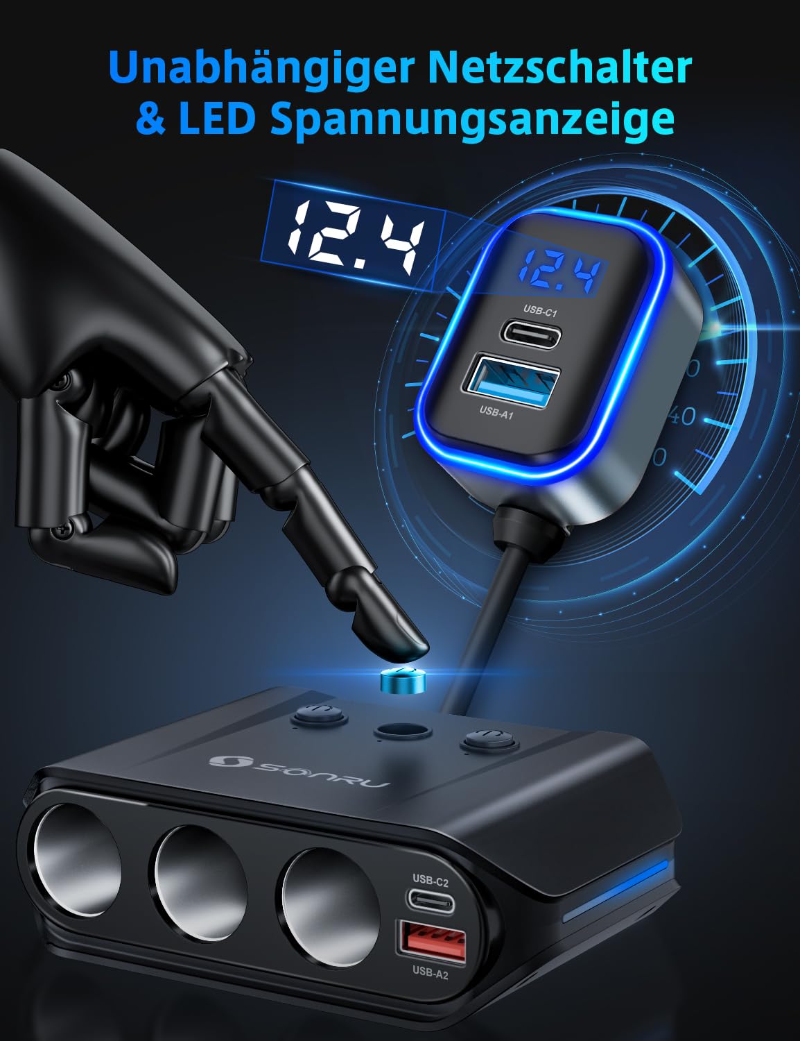 Sigarettenaanstekerverdeler 7 in 1, SONRU 180W autoladeradapter 12V/24V stekker 3-weg LED-voltmeter met aparte schakelaar, snellader 3 stopcontacten 4 USB-poorten 