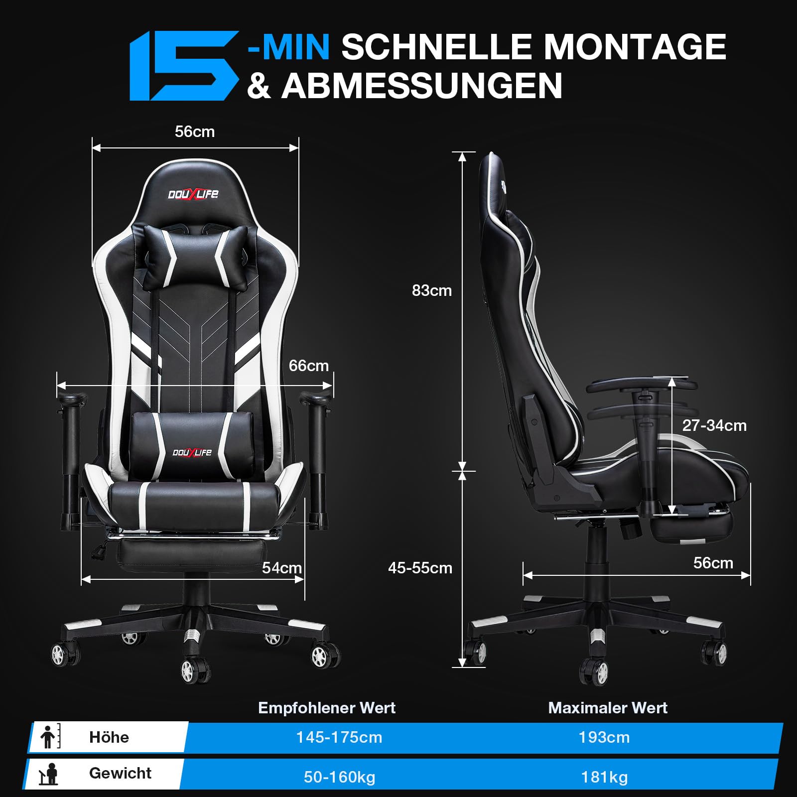 Douxlife Gaming Chair, met 7-punts massage, voetensteun, ergonomische bureaustoel (180 kg), rugleuning verstelbaar van 90-175°, verstelbare armleuningen, bureaustoel voor volwassenen, zwart-wit 