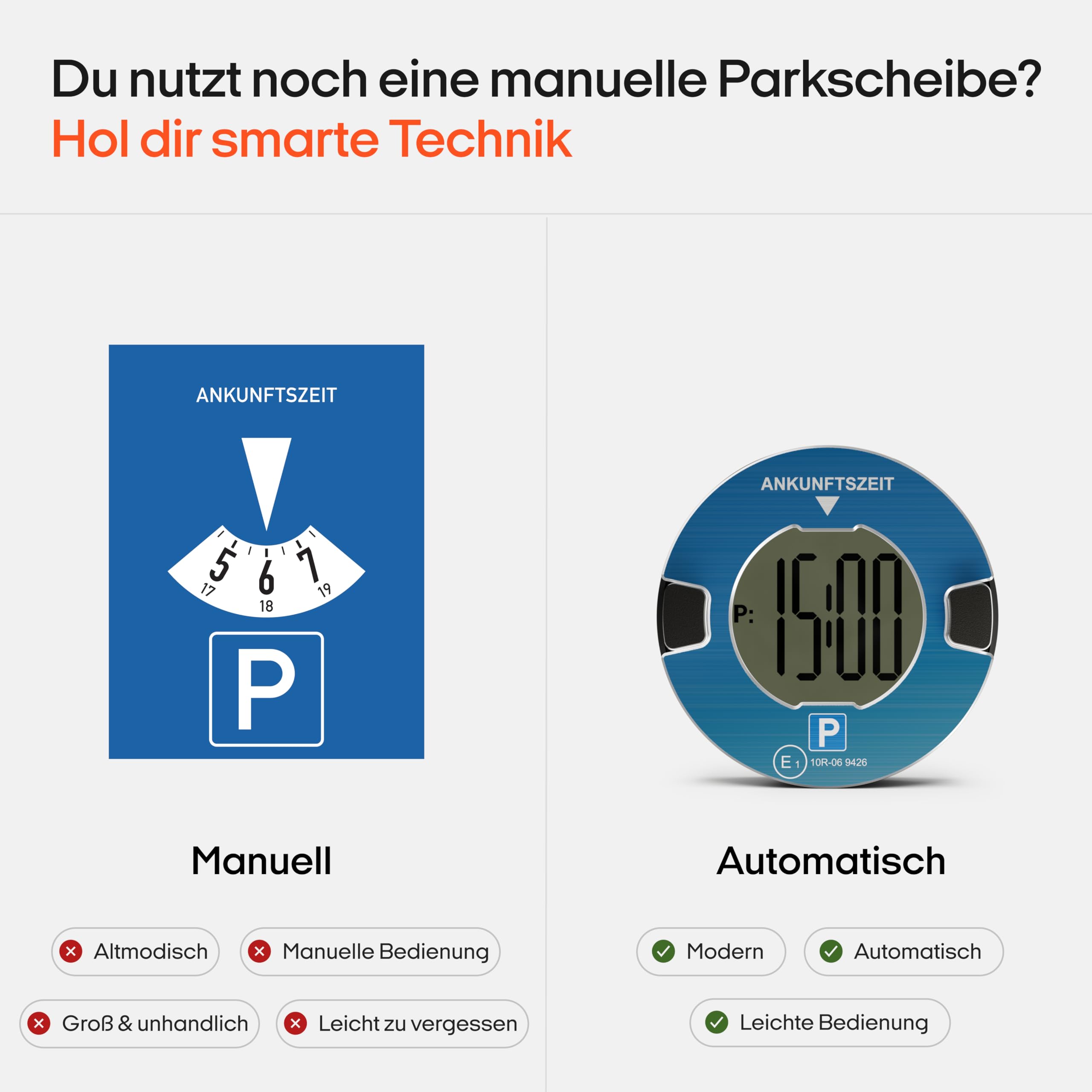 OOONO P-DISC NO1 - Elektronische parkeerschijf met goedkeuring voor auto's - Automatische digitale parkeerschijf elektrisch met goedkeuring van de KBA volgens StVO - Elektrische parkeermeter auto goedgekeurd 