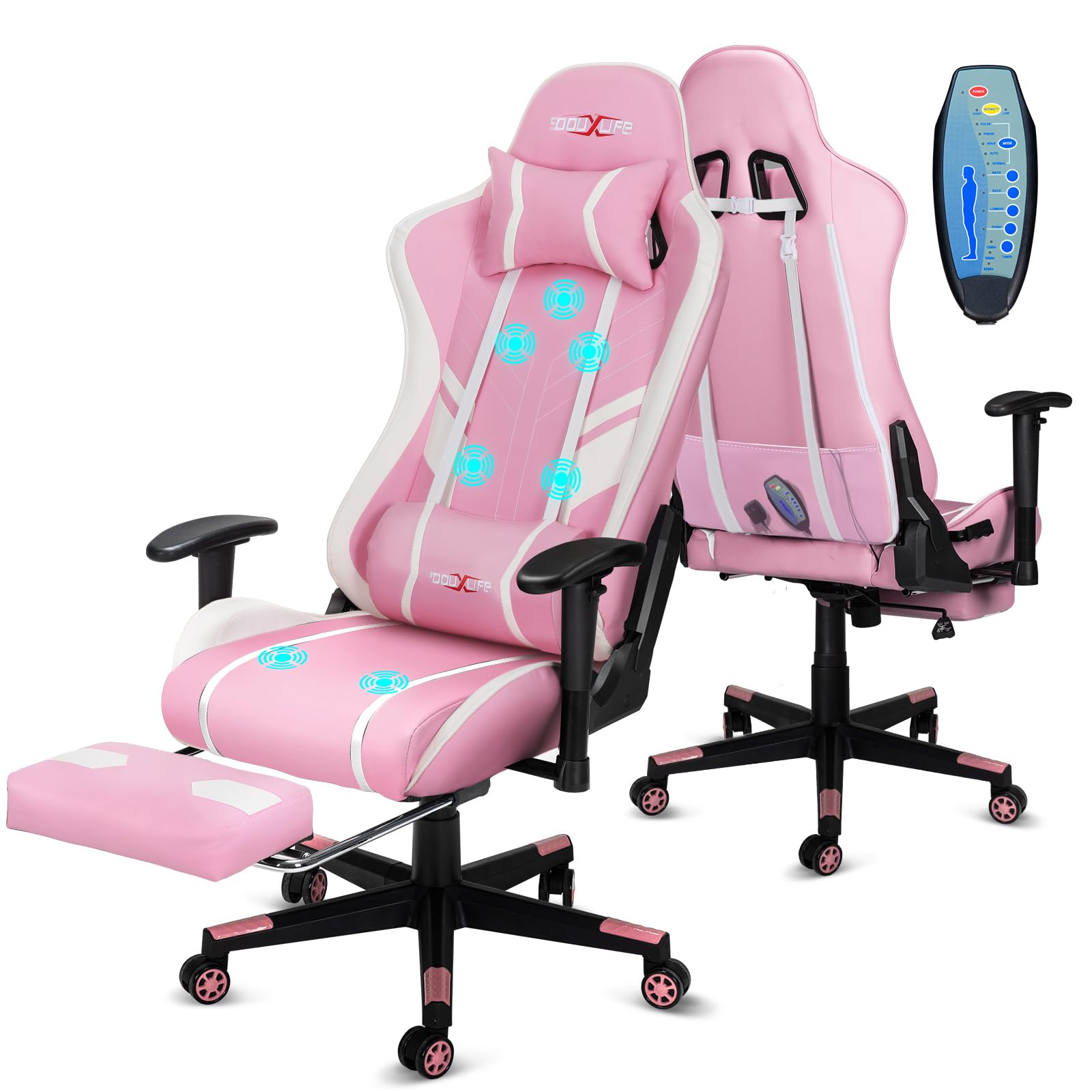 Douxlife Gaming Chair, met 7-punts massage, voetensteun, ergonomische bureaustoel (180 kg), rugleuning verstelbaar van 90-175°, verstelbare armleuningen, bureaustoel voor volwassenen, zwart-wit 