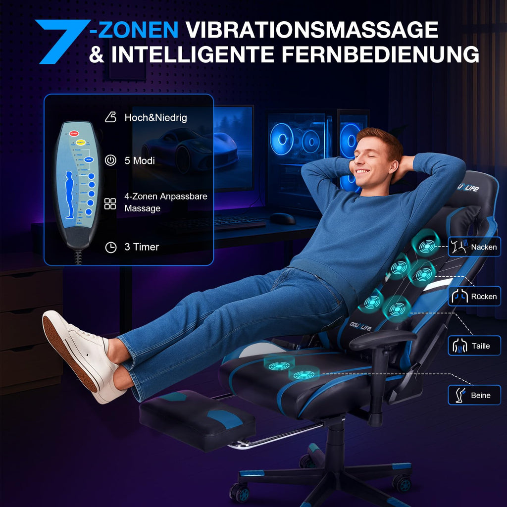 Douxlife Gaming Chair, met 7-punts massage, voetensteun, ergonomische bureaustoel (180 kg), rugleuning verstelbaar van 90-175°, verstelbare armleuningen, bureaustoel voor volwassenen, zwart-wit 