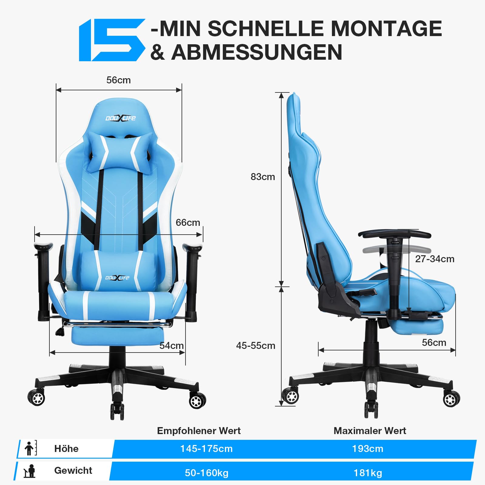 Douxlife Gaming Chair, met 7-punts massage, voetensteun, ergonomische bureaustoel (180 kg), rugleuning verstelbaar van 90-175°, verstelbare armleuningen, bureaustoel voor volwassenen, zwart-wit 