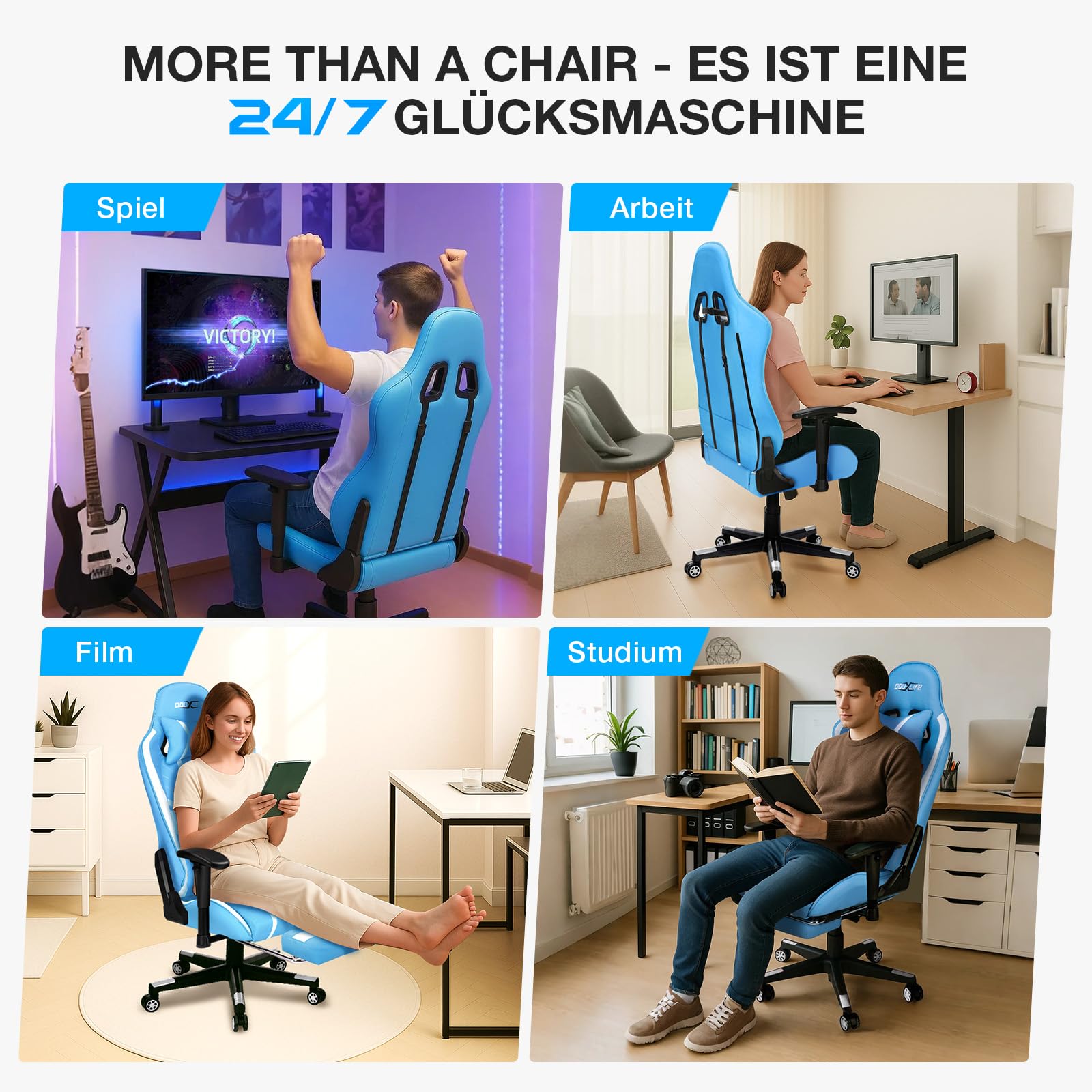 Douxlife Gaming Chair, met 7-punts massage, voetensteun, ergonomische bureaustoel (180 kg), rugleuning verstelbaar van 90-175°, verstelbare armleuningen, bureaustoel voor volwassenen, zwart-wit 