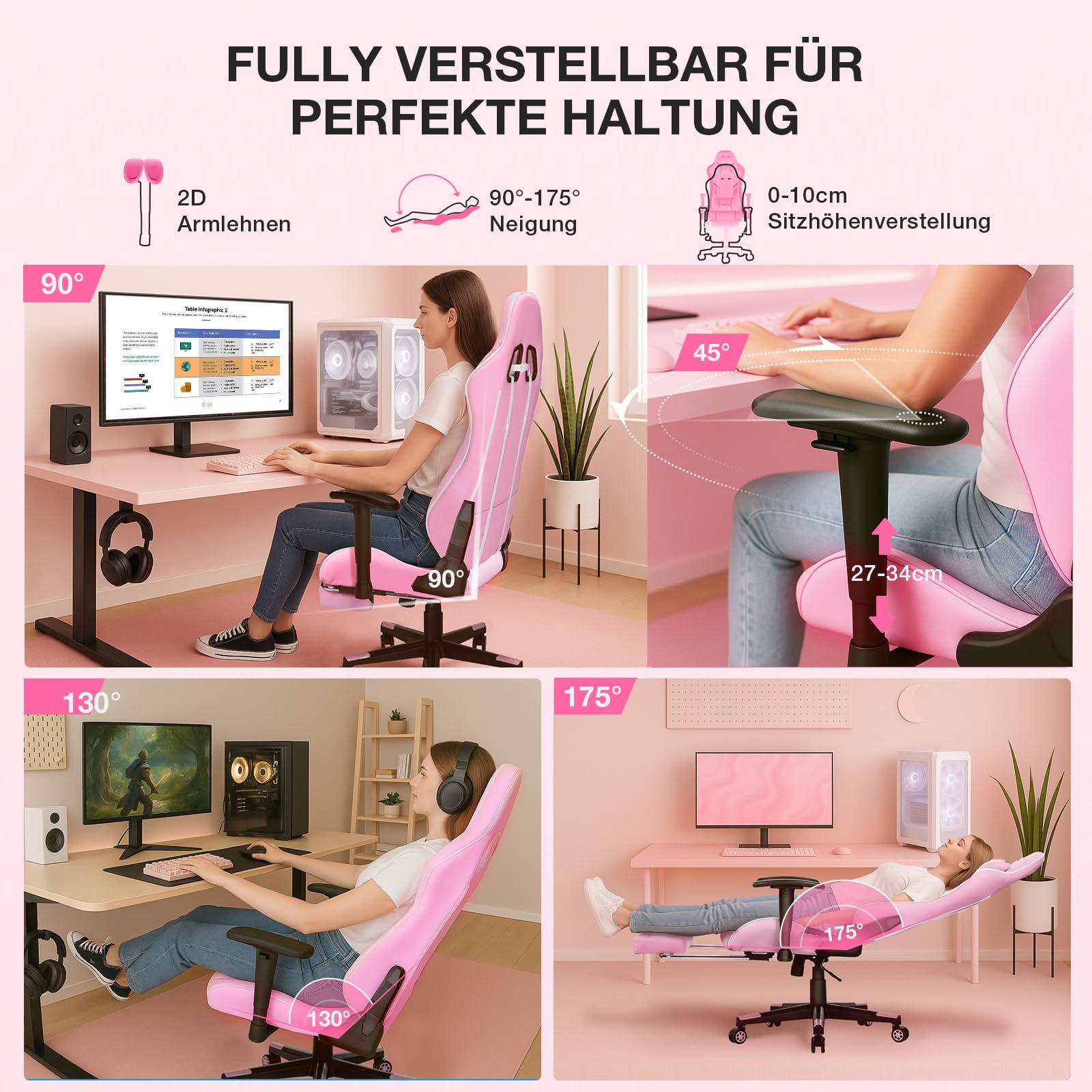 Douxlife Gaming Chair, met 7-punts massage, voetensteun, ergonomische bureaustoel (180 kg), rugleuning verstelbaar van 90-175°, verstelbare armleuningen, bureaustoel voor volwassenen, zwart-wit 