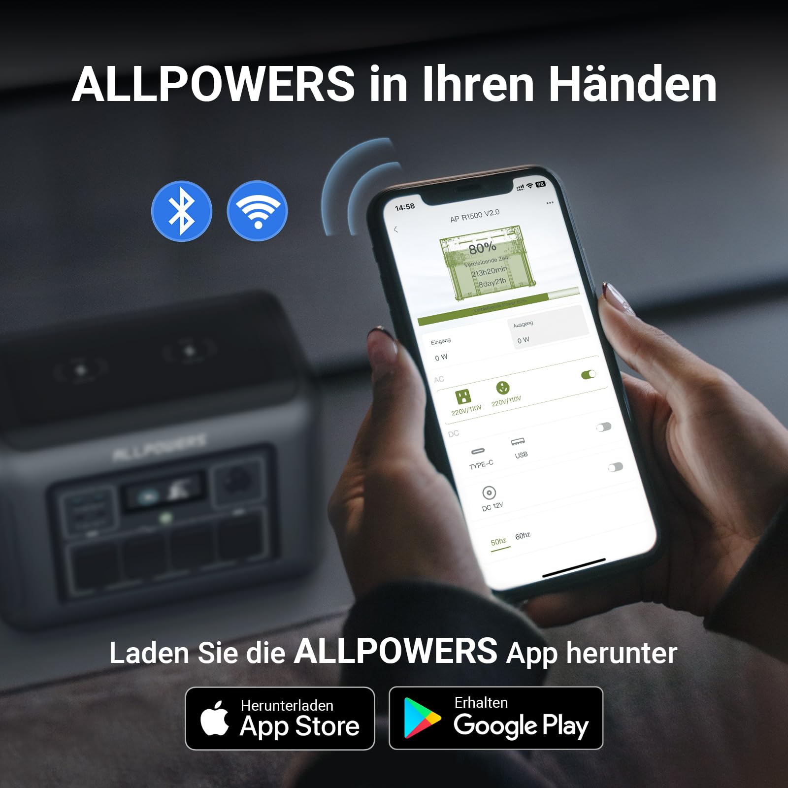ALLPOWERS R1500 Draagbaar Energiestation met 200W Zonnepaneel, 1152Wh LiFePO4 Accu met 1800W AC Output Zonnegenerator, 43dB Stille Werking Mobiele Noodstroomvoorziening voor Tuin Reizen Kamperen Camper 