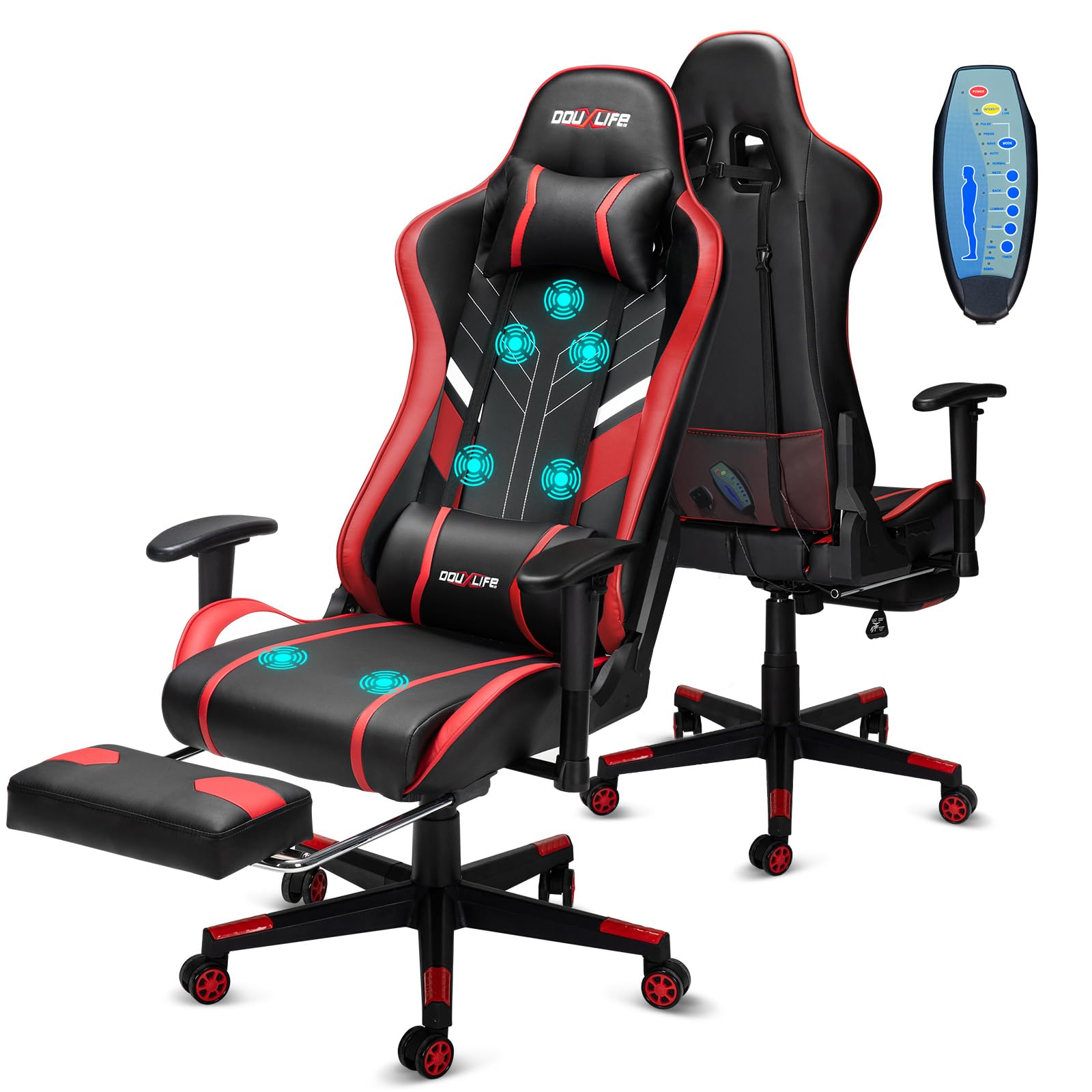 Douxlife Gaming Chair, met 7-punts massage, voetensteun, ergonomische bureaustoel (180 kg), rugleuning verstelbaar van 90-175°, verstelbare armleuningen, bureaustoel voor volwassenen, zwart-wit 