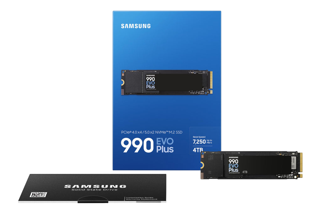 Samsung 990 EVO Plus NVMe M.2 SSD 1 TB, PCIe 4.0 x4 / PCIe 5.0 x2, NVMe 2.0 (2280), 7.150 MB/s lezen, 6.300 MB/s schrijven, interne SSD voor gamen en grafische bewerking, MZ-V9S1T0BW 