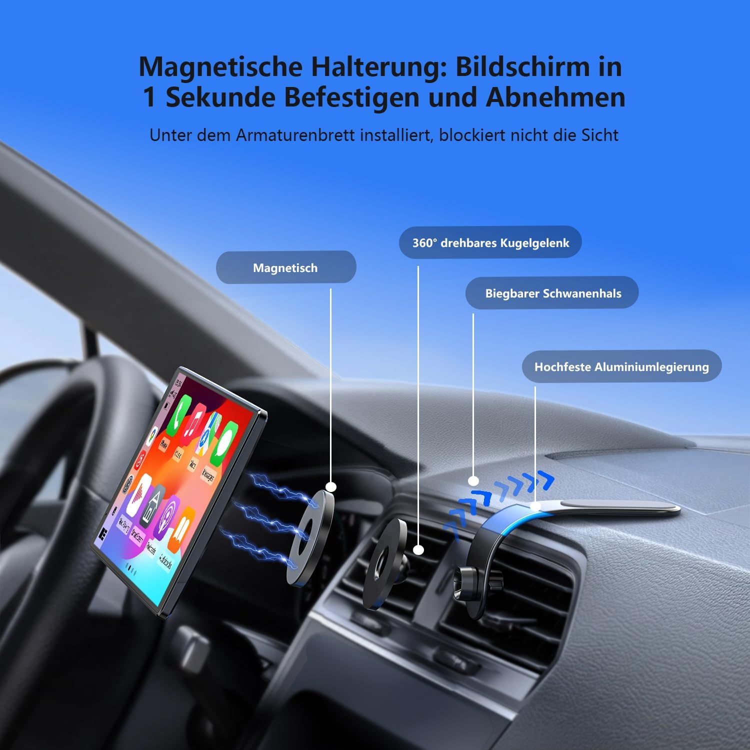 Krunia 8'' draagbaar CarPlay-scherm voor Apple CarPlay en Android Auto, 1440x900 HD-scherm, magnetische houder, OTA-updates, achteruitrijcamera, Bluetooth, spraakbediening, GPS-navigatie 