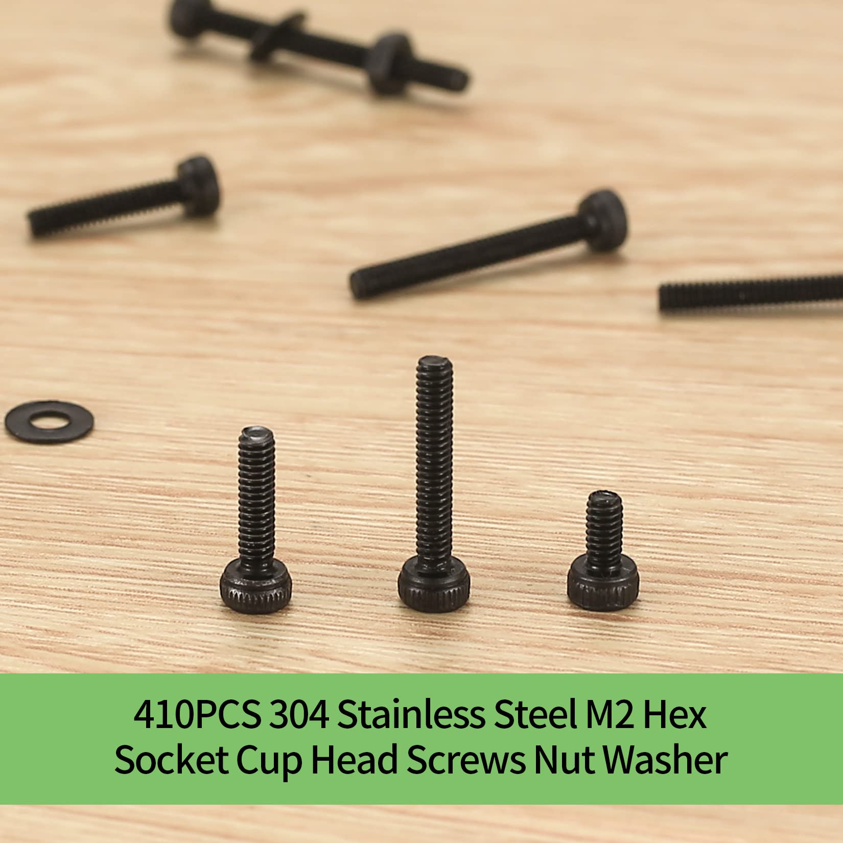 410 stuks M2 verzonken kop zeskantschroeven, 10.9 koolstofstaal volledige draad machineschroeven, moeren en ringen assortiment met inbussleutels 