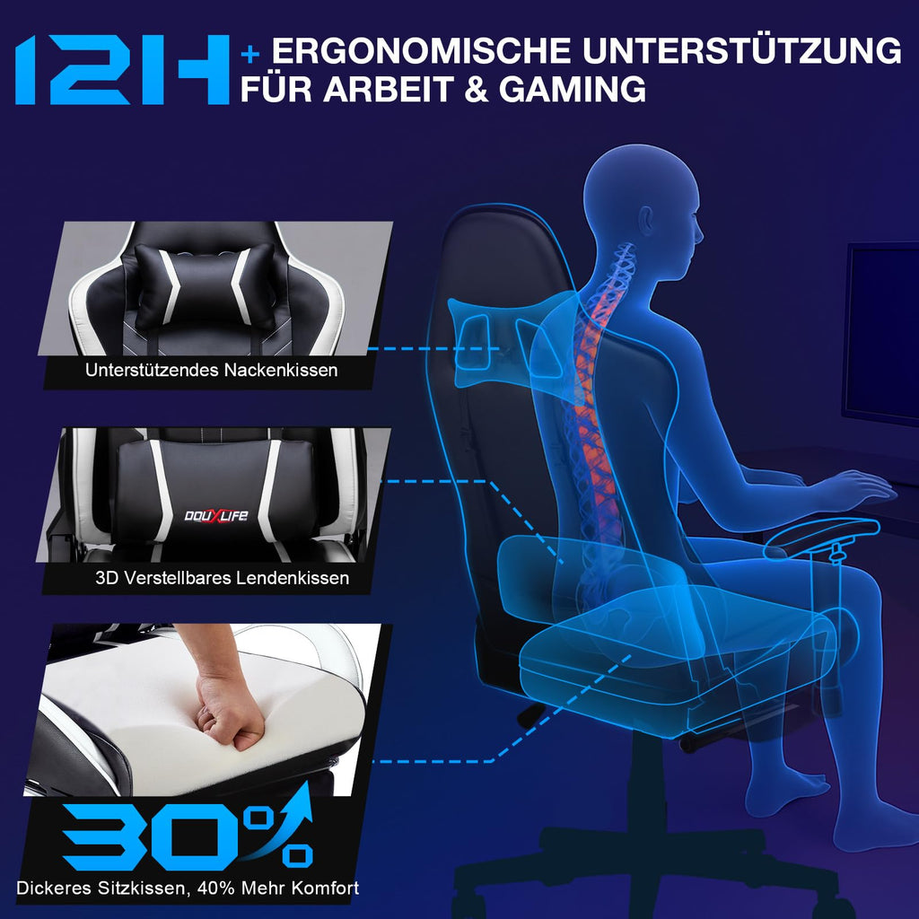 Douxlife Gaming Chair, met 7-punts massage, voetensteun, ergonomische bureaustoel (180 kg), rugleuning verstelbaar van 90-175°, verstelbare armleuningen, bureaustoel voor volwassenen, zwart-wit 
