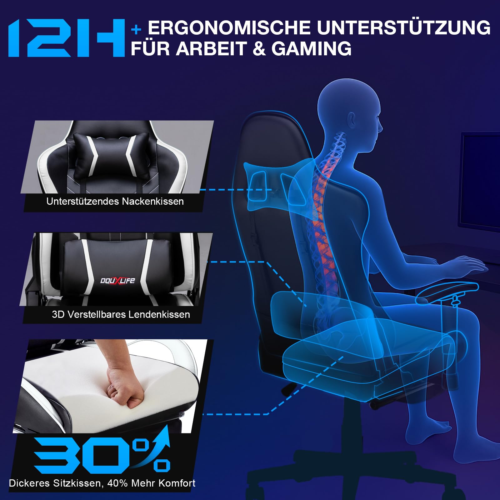 Douxlife Gaming Chair, met 7-punts massage, voetensteun, ergonomische bureaustoel (180 kg), rugleuning verstelbaar van 90-175°, verstelbare armleuningen, bureaustoel voor volwassenen, zwart-wit 