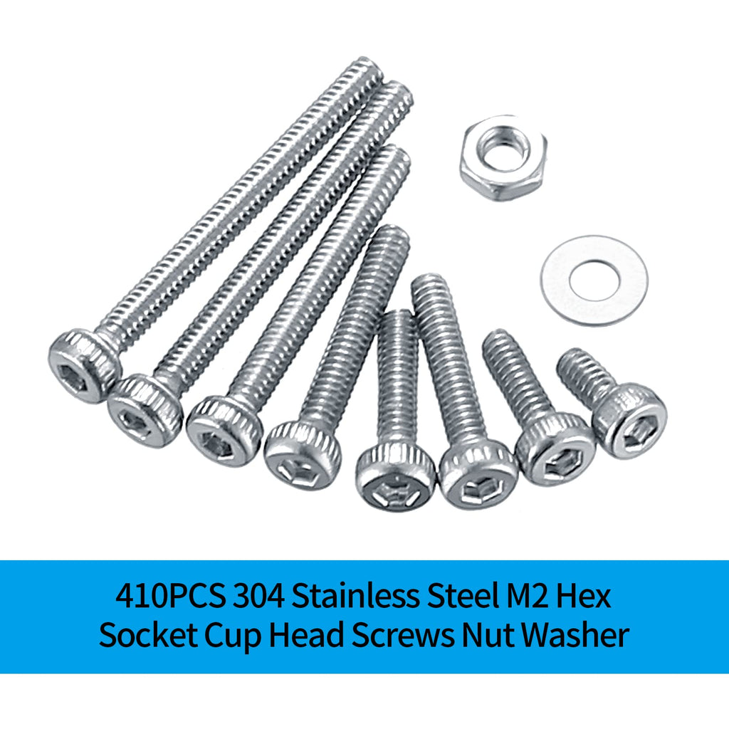 410 stuks M2 verzonken kop zeskantschroeven, 10.9 koolstofstaal volledige draad machineschroeven, moeren en ringen assortiment met inbussleutels 