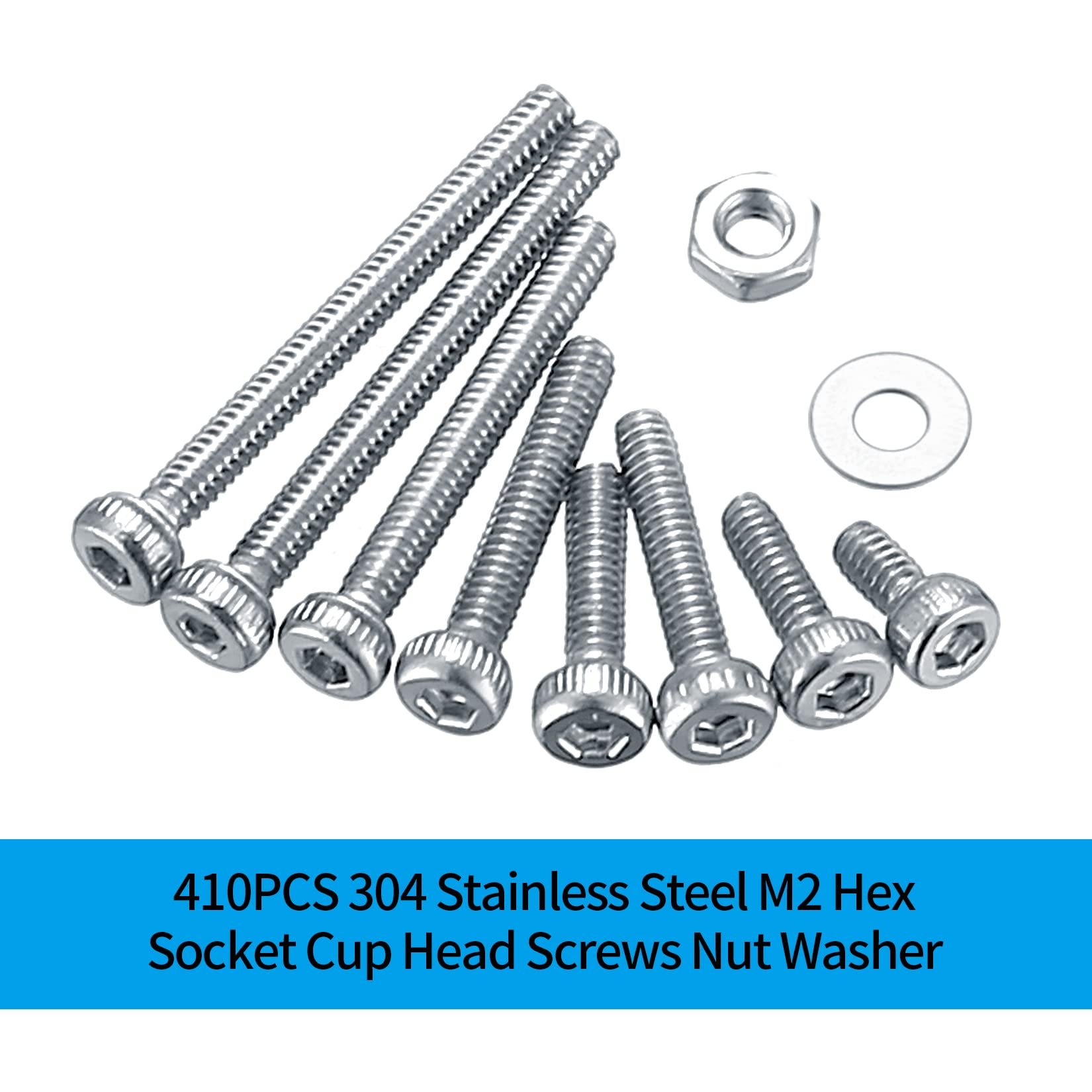 410 stuks M2 verzonken kop zeskantschroeven, 10.9 koolstofstaal volledige draad machineschroeven, moeren en ringen assortiment met inbussleutels 