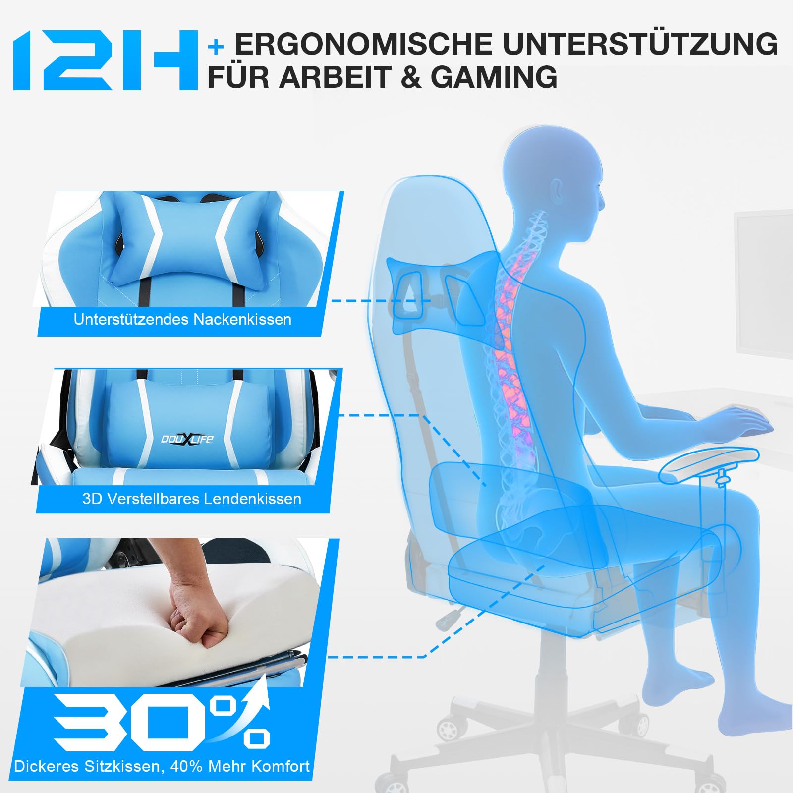 Douxlife Gaming Chair, met 7-punts massage, voetensteun, ergonomische bureaustoel (180 kg), rugleuning verstelbaar van 90-175°, verstelbare armleuningen, bureaustoel voor volwassenen, zwart-wit 