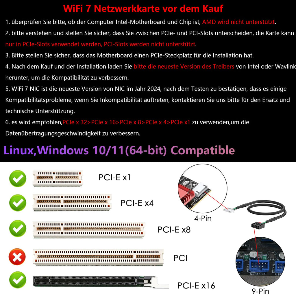 WAVLINK WiFi 7 PCIe-kaart BE8800 voor desktop-pc, tri-band BE200 draadloze adapter met Bluetooth 5.4, MU-MIMO, WPA3, voor Windows 10/11 (64-bits), ondersteunt geen AMD-moederborden 