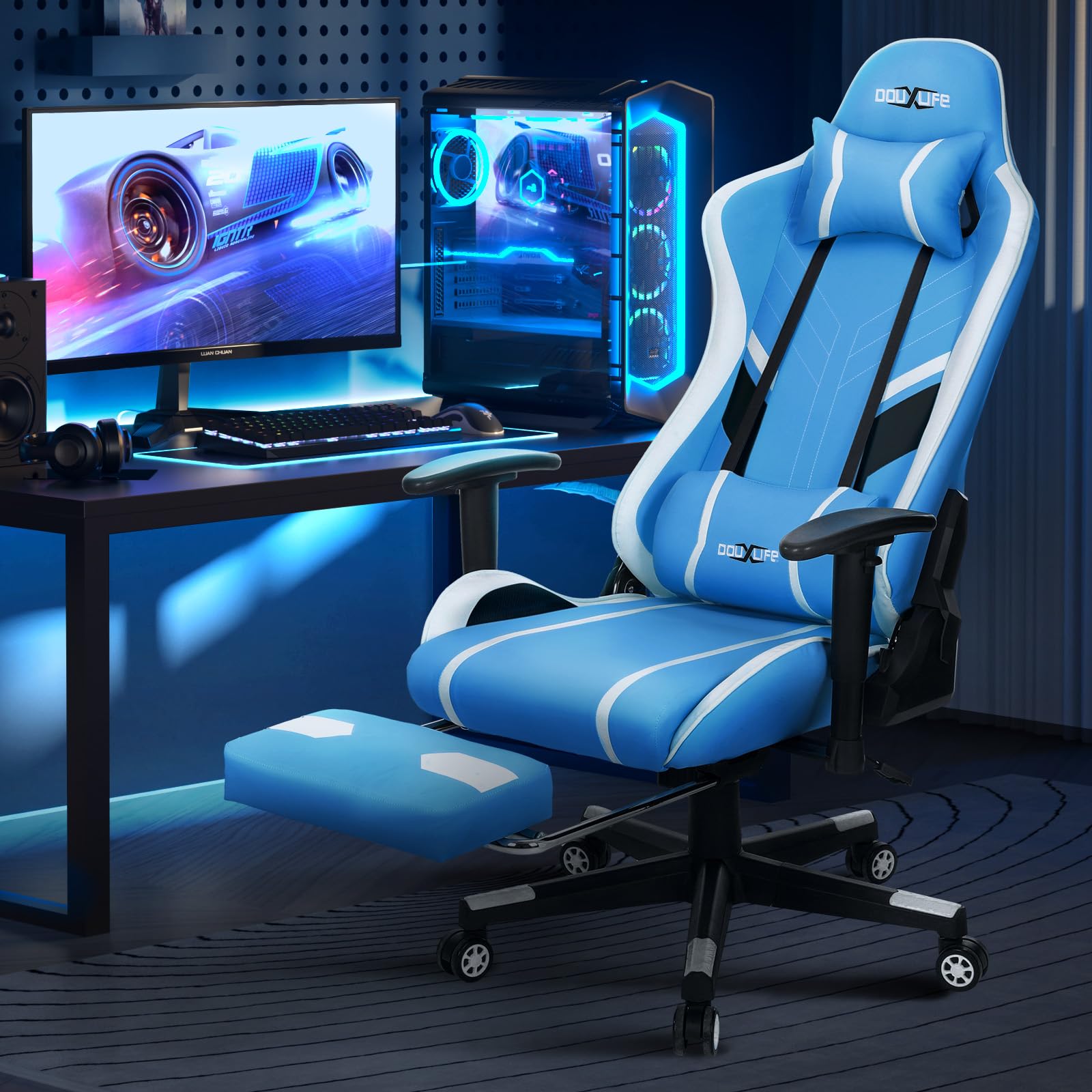 Douxlife Gaming Chair, met 7-punts massage, voetensteun, ergonomische bureaustoel (180 kg), rugleuning verstelbaar van 90-175°, verstelbare armleuningen, bureaustoel voor volwassenen, zwart-wit 