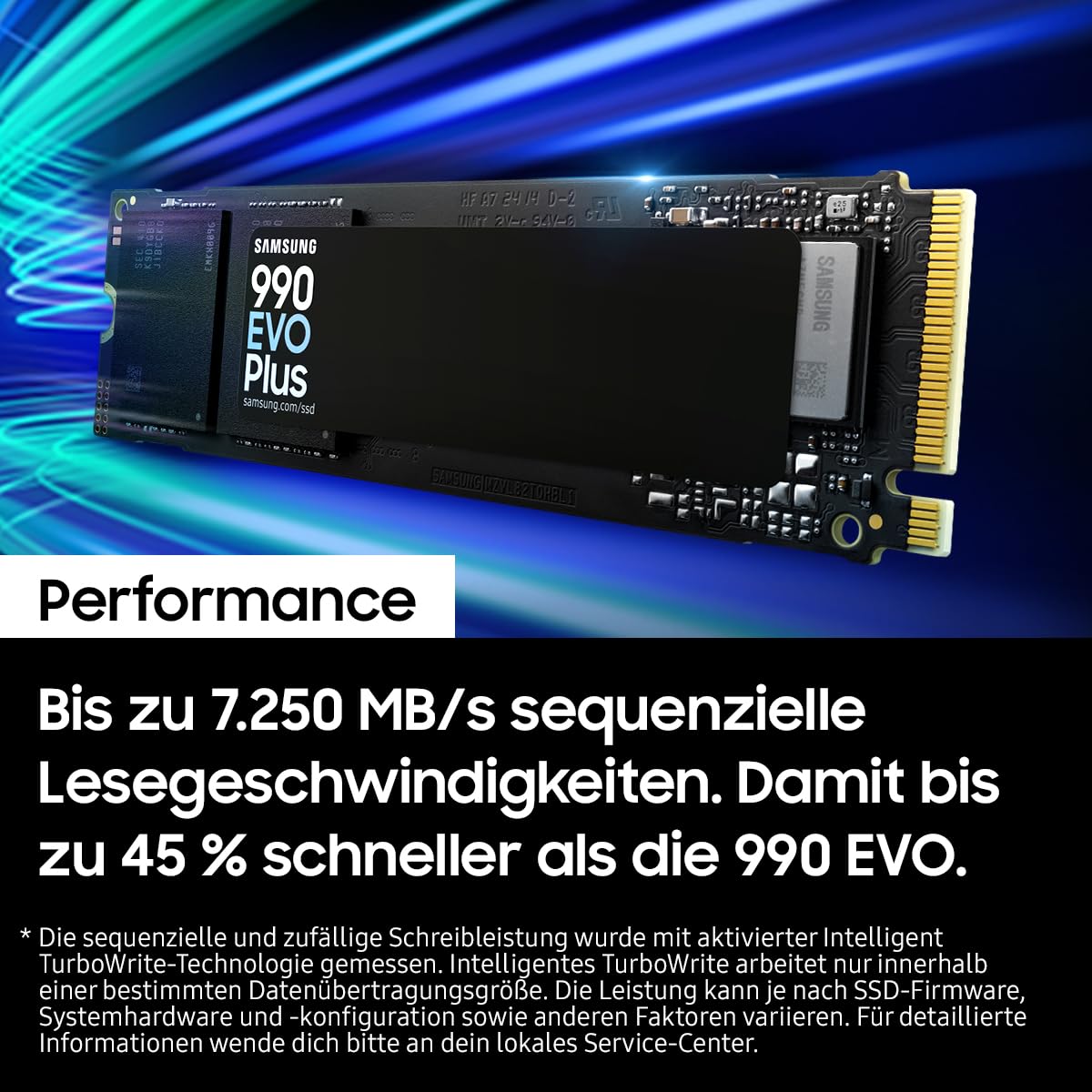 Samsung 990 EVO Plus NVMe M.2 SSD 1 TB, PCIe 4.0 x4 / PCIe 5.0 x2, NVMe 2.0 (2280), 7.150 MB/s lezen, 6.300 MB/s schrijven, interne SSD voor gamen en grafische bewerking, MZ-V9S1T0BW 