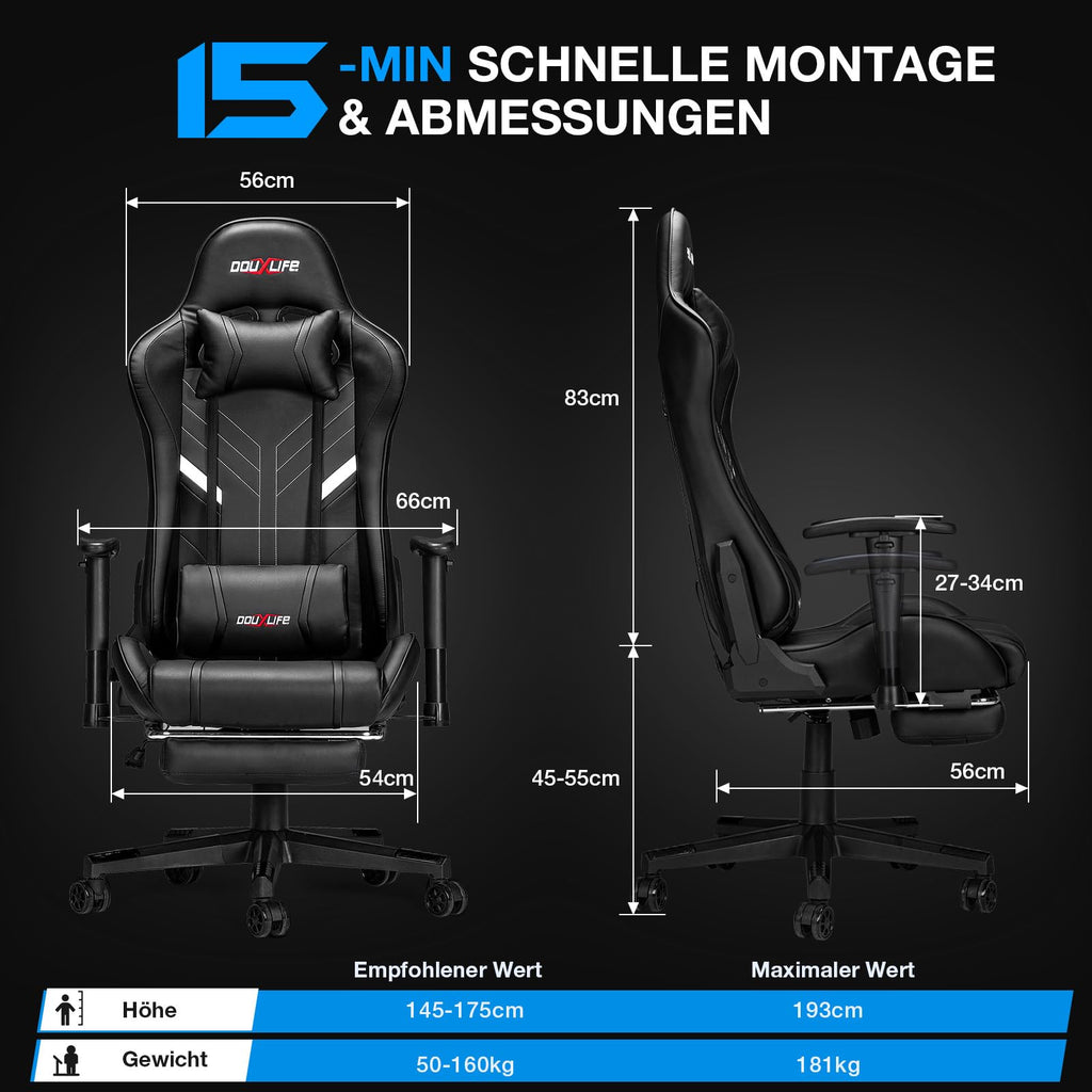 Douxlife Gaming Chair, met 7-punts massage, voetensteun, ergonomische bureaustoel (180 kg), rugleuning verstelbaar van 90-175°, verstelbare armleuningen, bureaustoel voor volwassenen, zwart-wit 