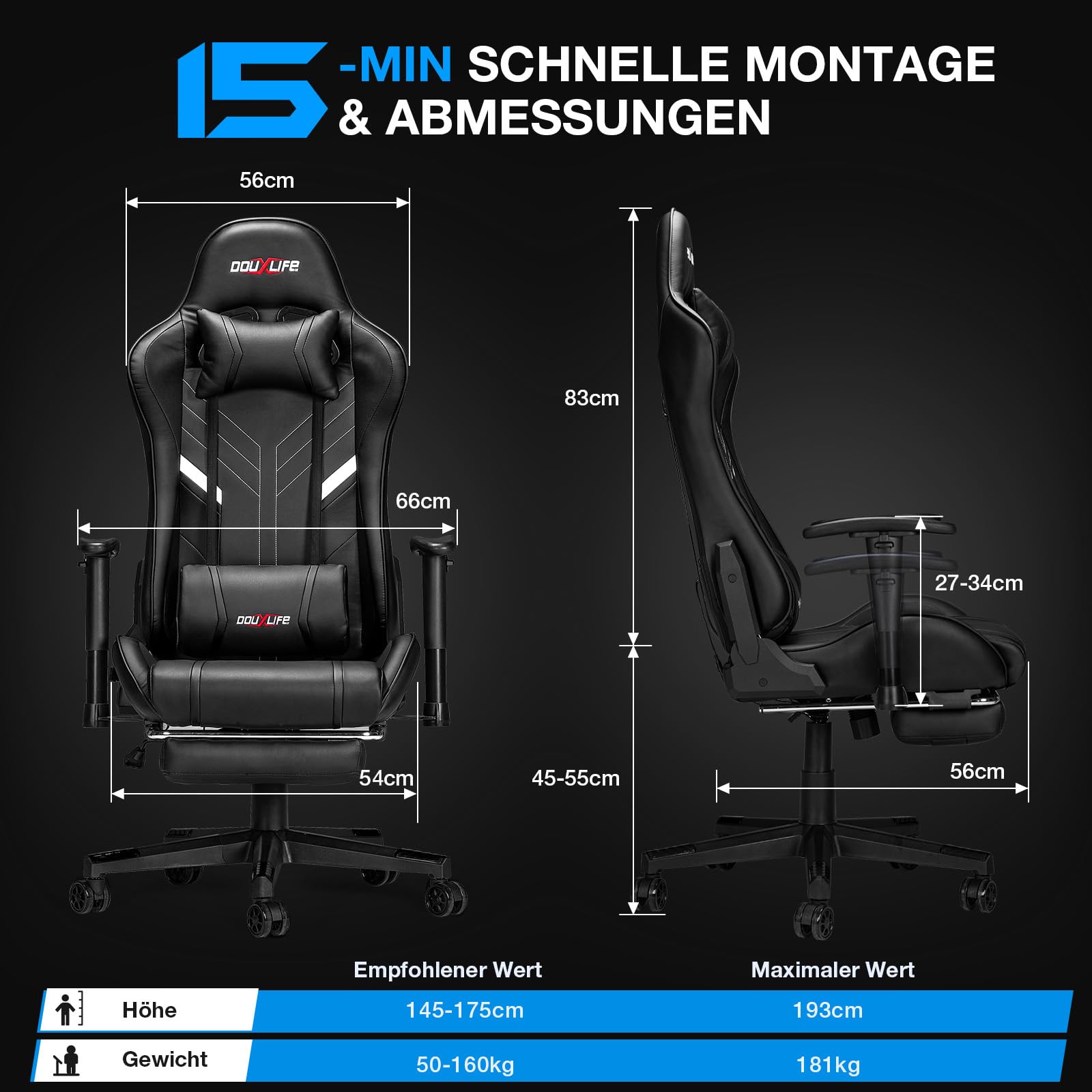 Douxlife Gaming Chair, met 7-punts massage, voetensteun, ergonomische bureaustoel (180 kg), rugleuning verstelbaar van 90-175°, verstelbare armleuningen, bureaustoel voor volwassenen, zwart-wit 