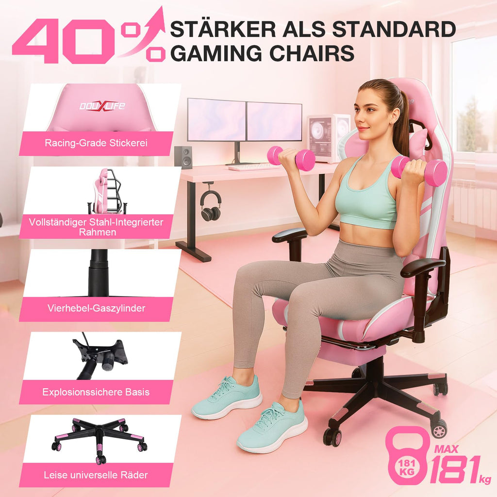 Douxlife Gaming Chair, met 7-punts massage, voetensteun, ergonomische bureaustoel (180 kg), rugleuning verstelbaar van 90-175°, verstelbare armleuningen, bureaustoel voor volwassenen, zwart-wit 