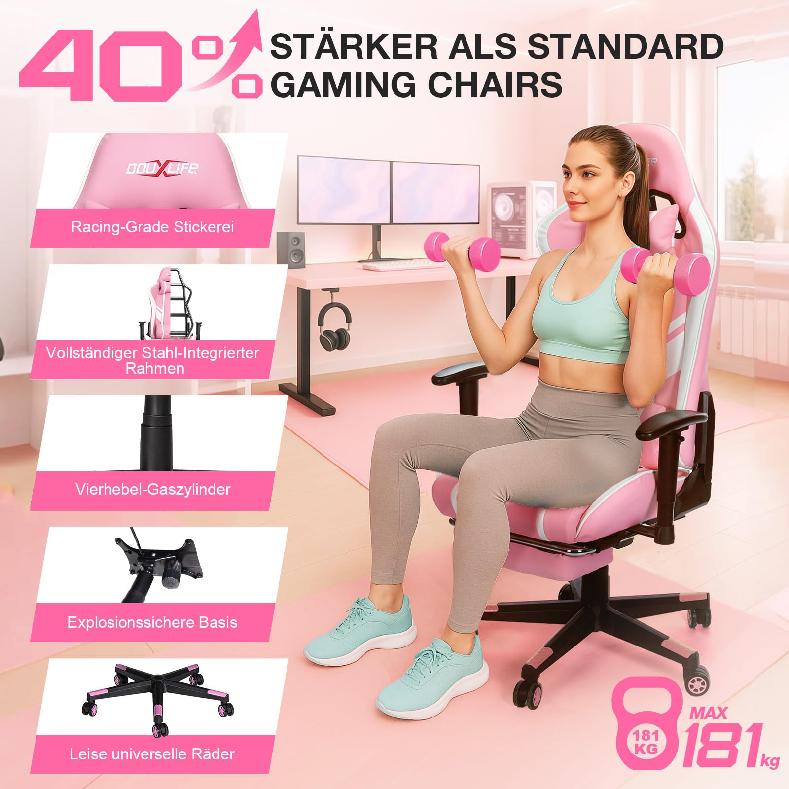 Douxlife Gaming Chair, met 7-punts massage, voetensteun, ergonomische bureaustoel (180 kg), rugleuning verstelbaar van 90-175°, verstelbare armleuningen, bureaustoel voor volwassenen, zwart-wit 