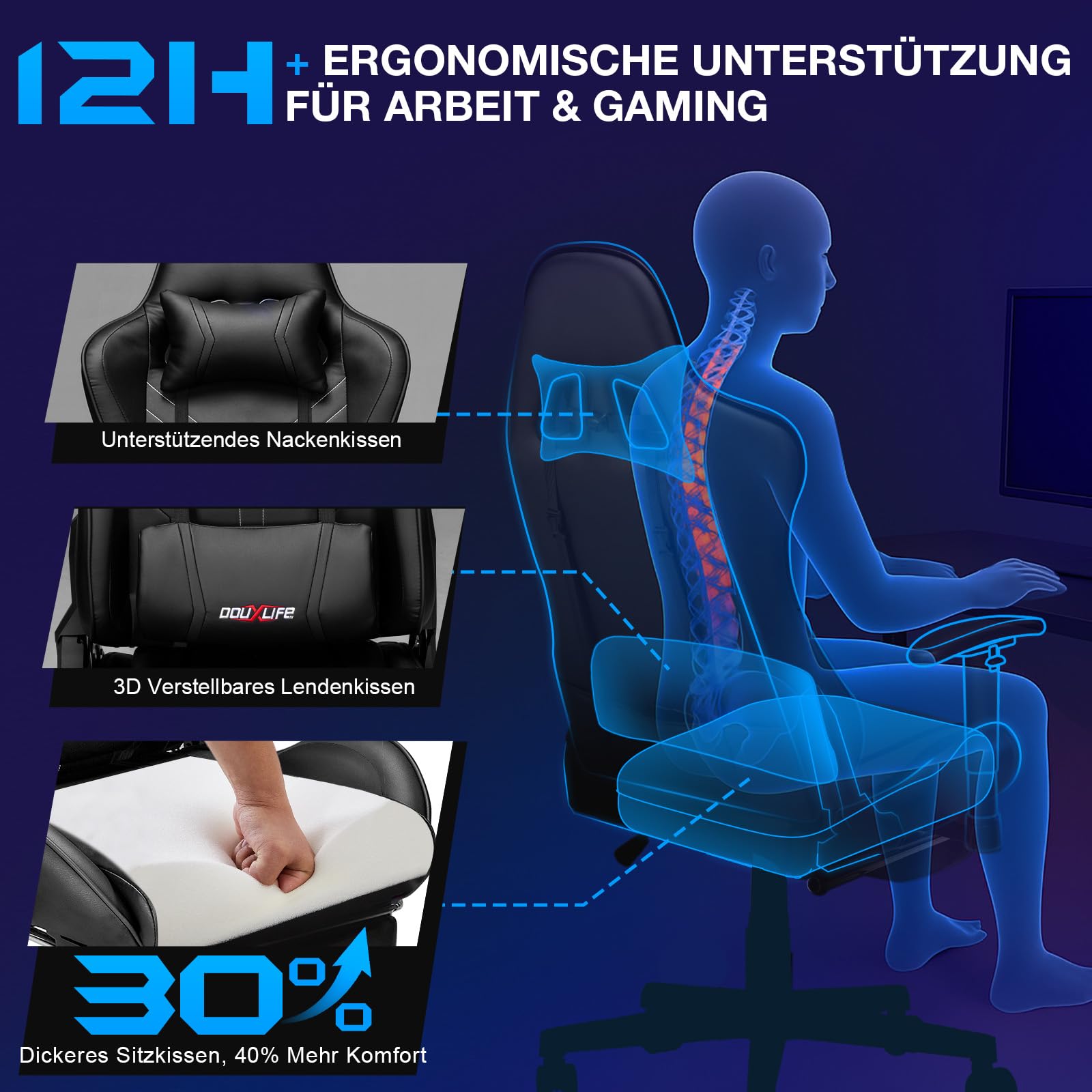 Douxlife Gaming Chair, met 7-punts massage, voetensteun, ergonomische bureaustoel (180 kg), rugleuning verstelbaar van 90-175°, verstelbare armleuningen, bureaustoel voor volwassenen, zwart-wit 