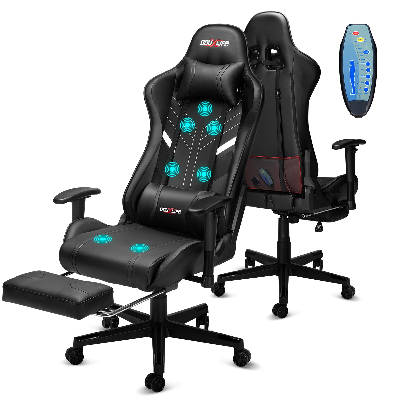 Douxlife Gaming Chair, met 7-punts massage, voetensteun, ergonomische bureaustoel (180 kg), rugleuning verstelbaar van 90-175°, verstelbare armleuningen, bureaustoel voor volwassenen, zwart-wit 