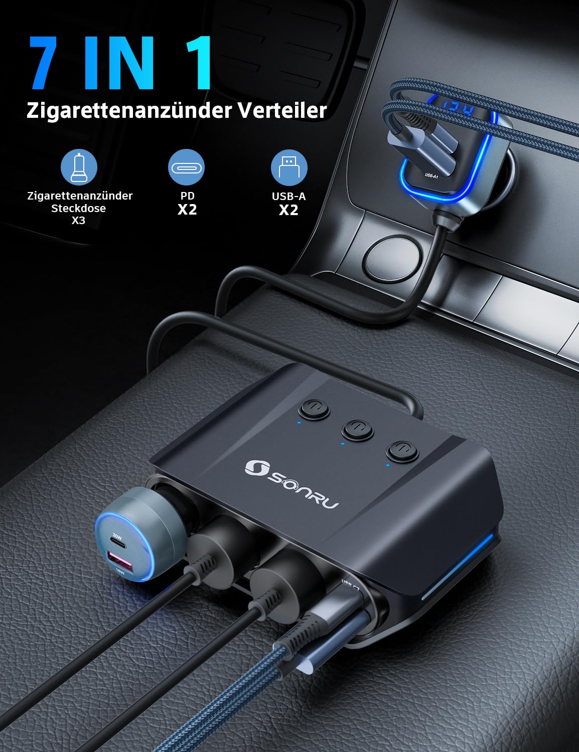 Sigarettenaanstekerverdeler 7 in 1, SONRU 180W autoladeradapter 12V/24V stekker 3-weg LED-voltmeter met aparte schakelaar, snellader 3 stopcontacten 4 USB-poorten 