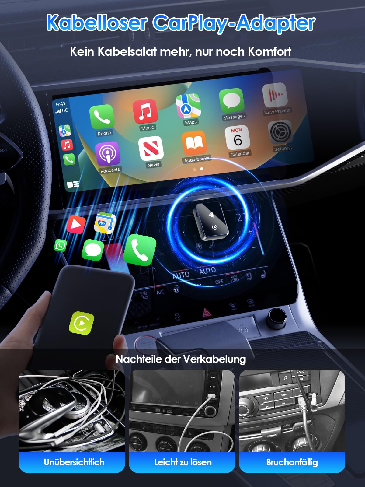 Draadloze adapter 2-in-1 voor CarPlay/Android Auto, PARPAT-conversie van bedraad naar draadloos met USB/Type-C, stabiele verbinding en geen vertraging, compatibel met iPhone/Android 