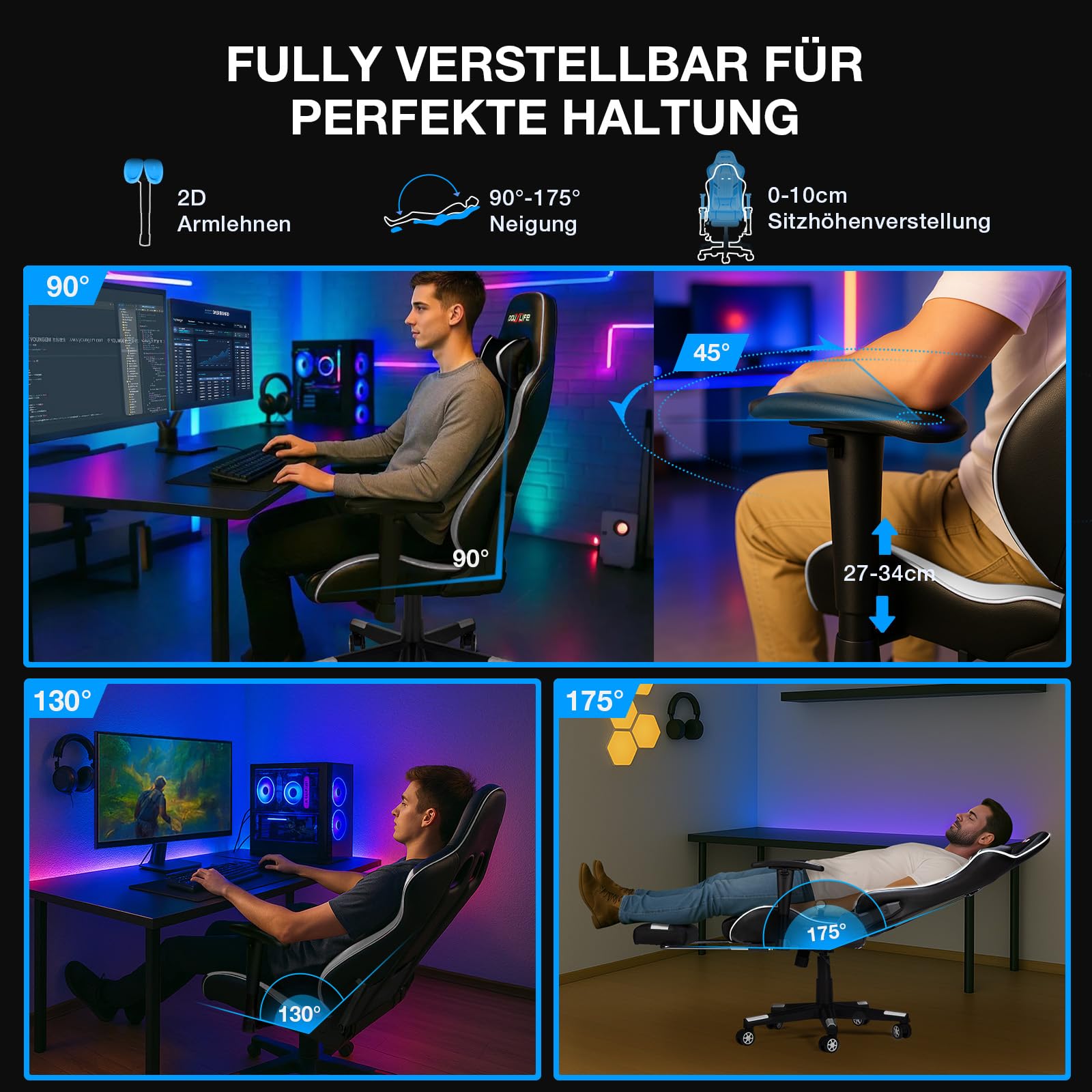 Douxlife Gaming Chair, met 7-punts massage, voetensteun, ergonomische bureaustoel (180 kg), rugleuning verstelbaar van 90-175°, verstelbare armleuningen, bureaustoel voor volwassenen, zwart-wit 