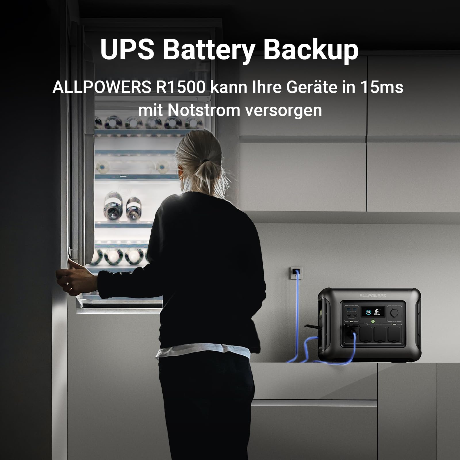ALLPOWERS R1500 Draagbaar Energiestation met 200W Zonnepaneel, 1152Wh LiFePO4 Accu met 1800W AC Output Zonnegenerator, 43dB Stille Werking Mobiele Noodstroomvoorziening voor Tuin Reizen Kamperen Camper 