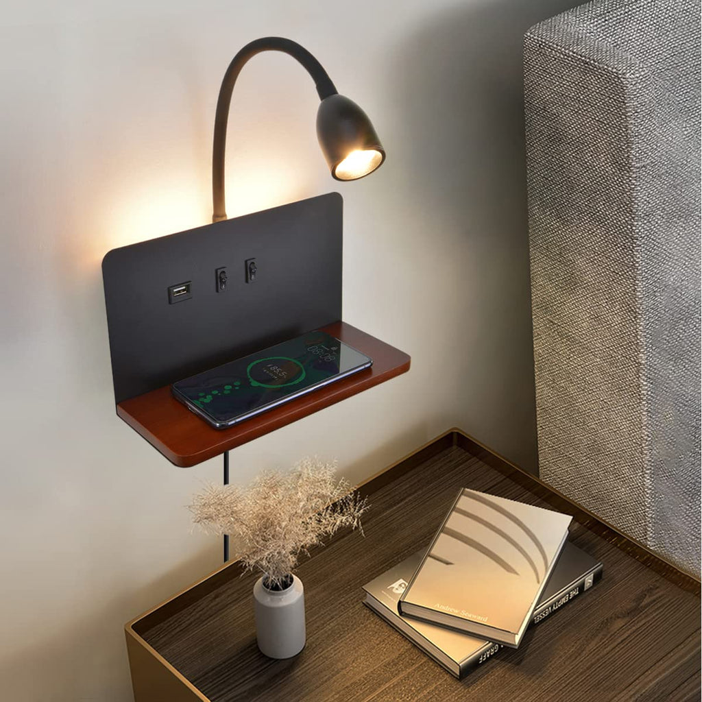 Witte LED-wandlamp voor binnen met stekker, wandlamp voor de slaapkamer met USB-poorten en 10W draadloze oplader, verstelbare en flexibele leeslamp met zwanenhals, bedlamp van 3000K met achtergrondverlichting 