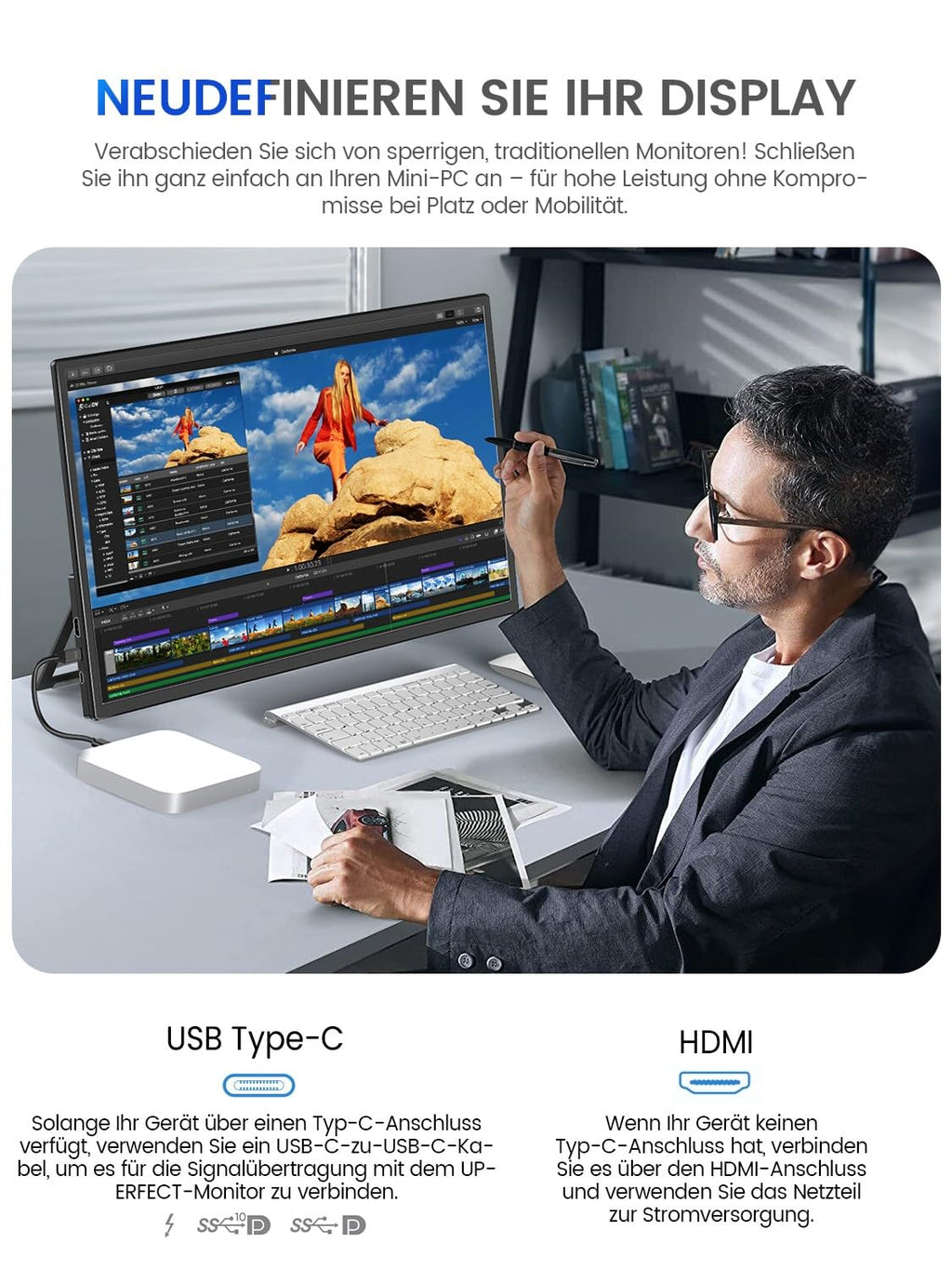 UPERFECT Draagbare Monitor Touchscreen 21,5 inch 120Hz Draagbare Monitor Touchscreen 1300:1 1080P Scherm Geïntegreerde Montage HDMI USB C voor PC Laptop Game Console, Metalen Behuizing VESA Compatibel 