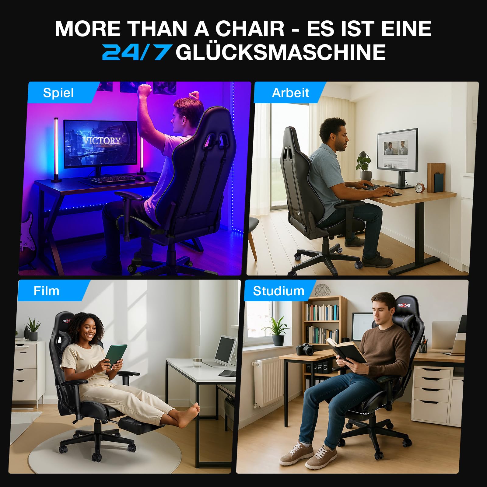 Douxlife Gaming Chair, met 7-punts massage, voetensteun, ergonomische bureaustoel (180 kg), rugleuning verstelbaar van 90-175°, verstelbare armleuningen, bureaustoel voor volwassenen, zwart-wit 