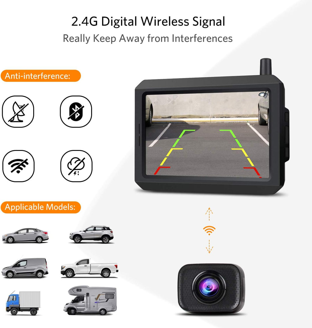 Digitale draadloze achteruitrijcameraset K7PRO ondersteunt 2 camera's, draadloze achteruitrijcamera's met stabiel signaal, 5" HD-monitor, draadloze achteruitrijcamera met IP68 waterdichte camera, nachtzicht 