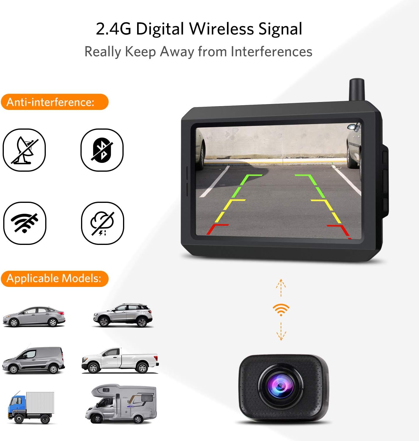 Digitale draadloze achteruitrijcameraset K7PRO ondersteunt 2 camera's, draadloze achteruitrijcamera's met stabiel signaal, 5" HD-monitor, draadloze achteruitrijcamera met IP68 waterdichte camera, nachtzicht 