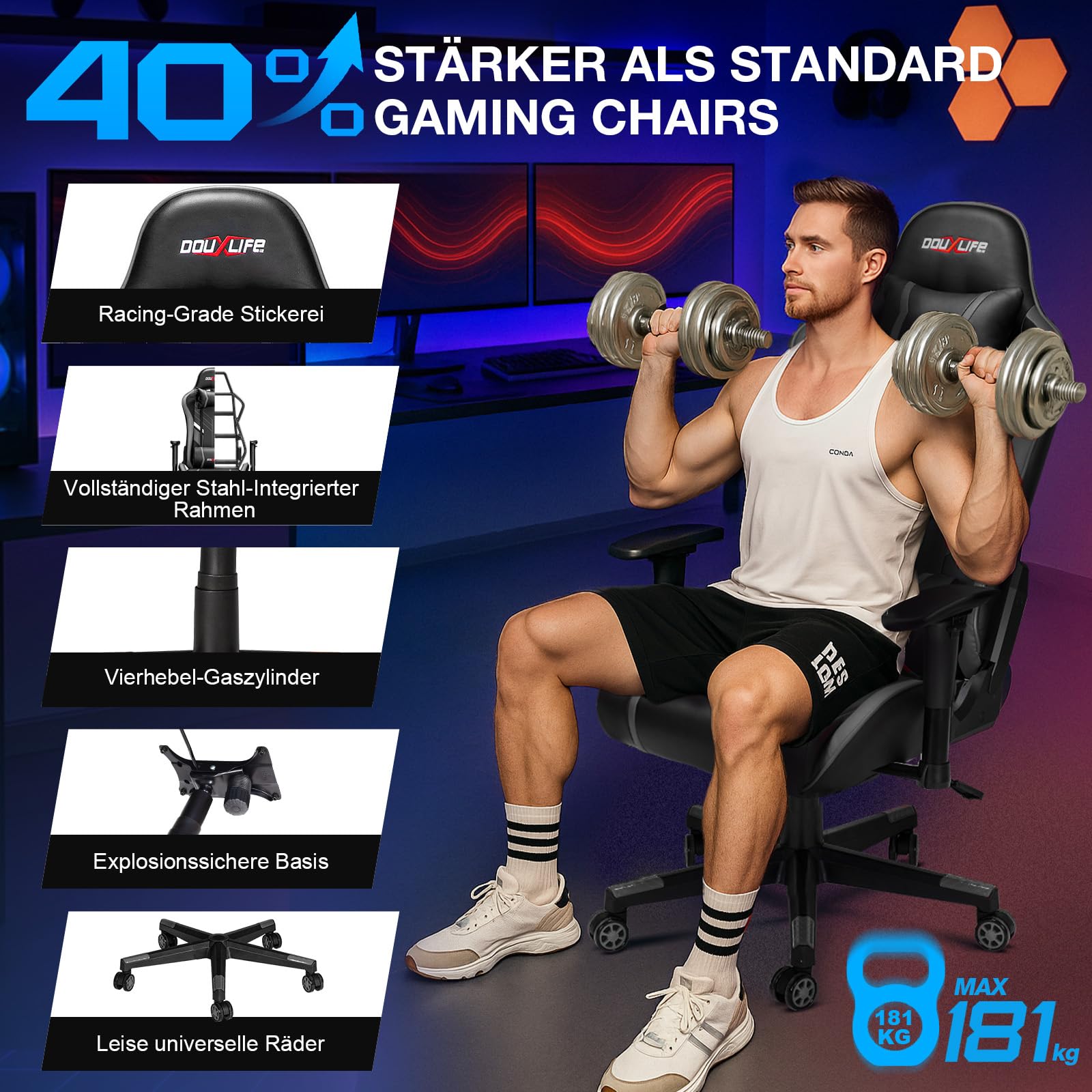 Douxlife Gaming Chair, met 7-punts massage, voetensteun, ergonomische bureaustoel (180 kg), rugleuning verstelbaar van 90-175°, verstelbare armleuningen, bureaustoel voor volwassenen, zwart-wit 