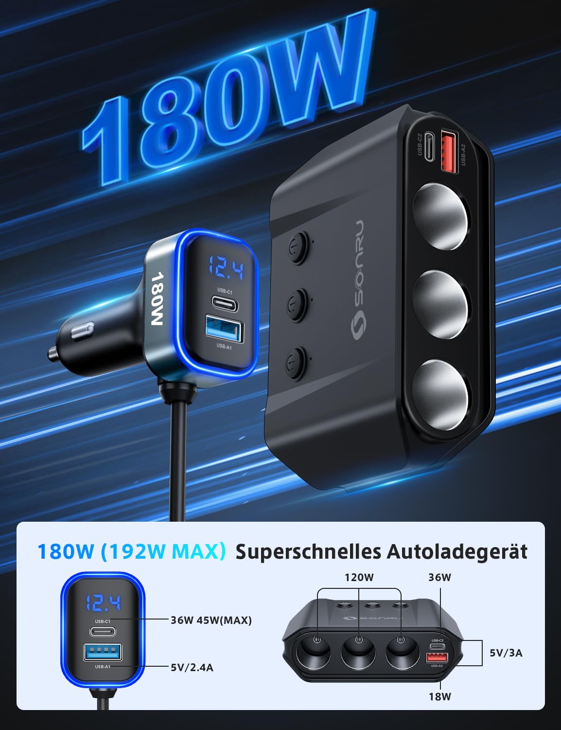 Sigarettenaanstekerverdeler 7 in 1, SONRU 180W autoladeradapter 12V/24V stekker 3-weg LED-voltmeter met aparte schakelaar, snellader 3 stopcontacten 4 USB-poorten 