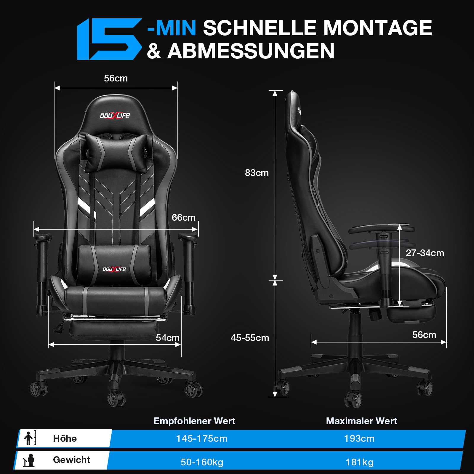 Douxlife Gaming Chair, met 7-punts massage, voetensteun, ergonomische bureaustoel (180 kg), rugleuning verstelbaar van 90-175°, verstelbare armleuningen, bureaustoel voor volwassenen, zwart-wit 