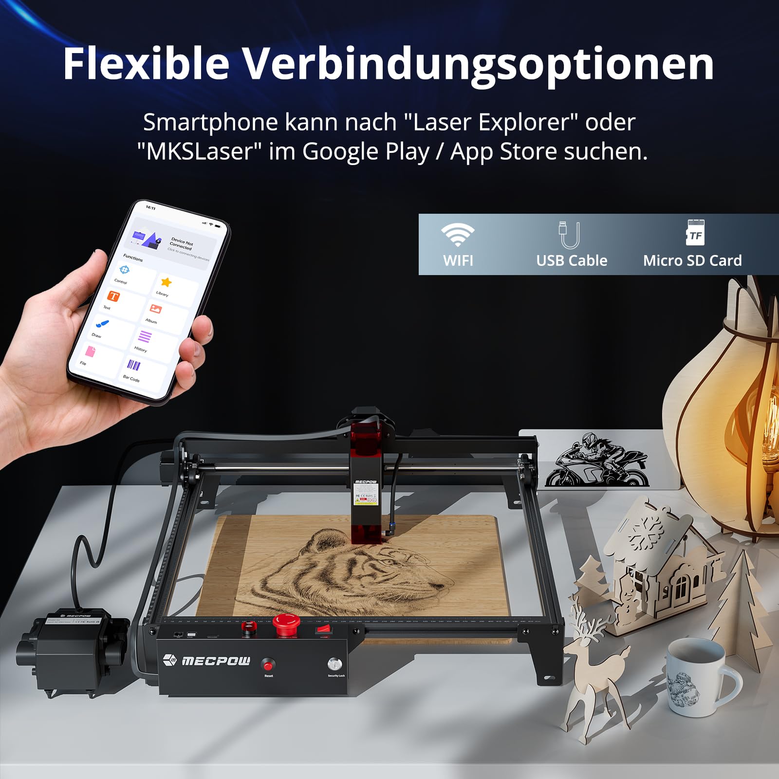 Mecpow X3 Pro lasergraveermachine met luchtondersteuning, 10W graveermachine en lasersnijder voor hout en metaal, 60W CNC-freesmachine met noodstop, vlam- en gyrodetectie, oppervlak 410 x 400 mm 