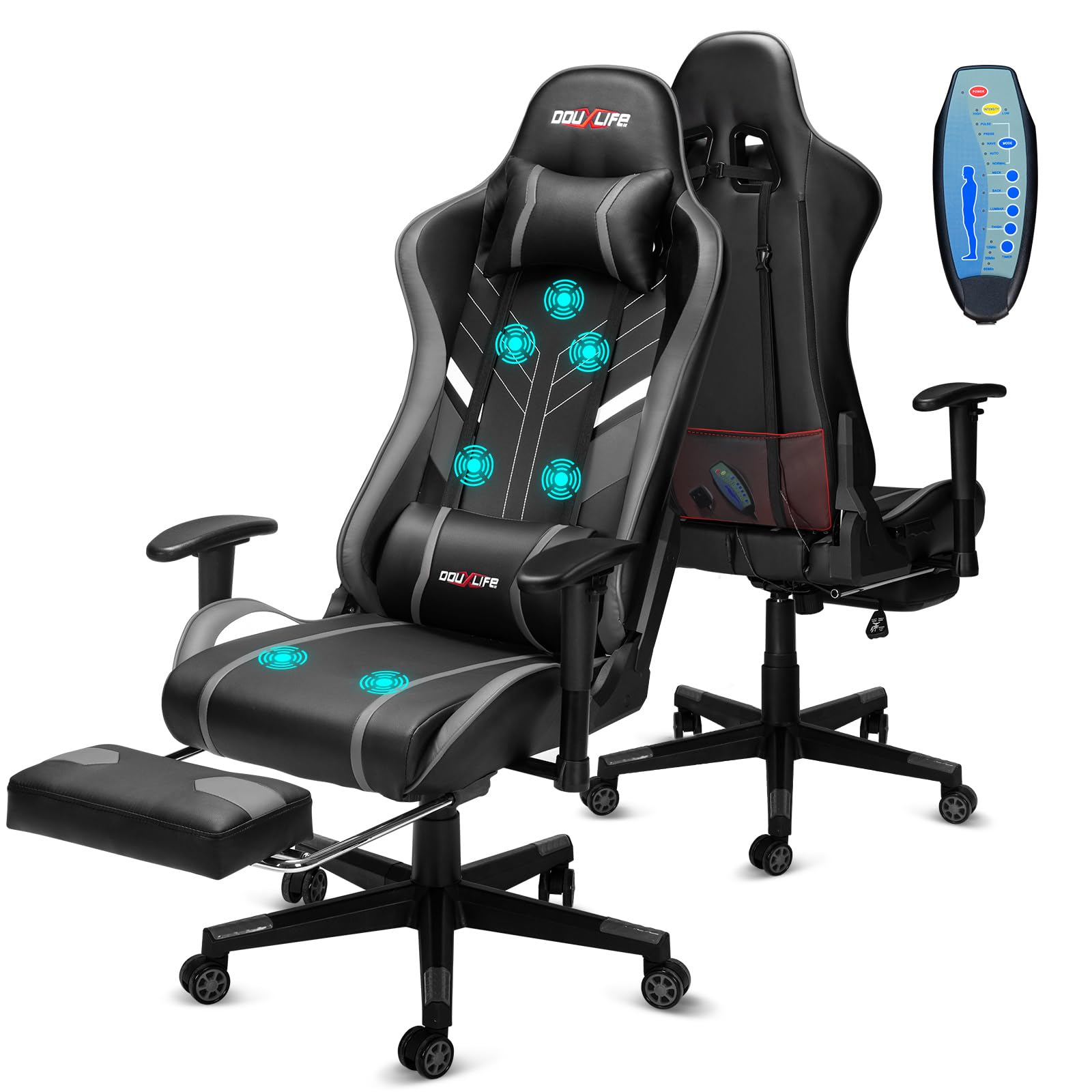Douxlife Gaming Chair, met 7-punts massage, voetensteun, ergonomische bureaustoel (180 kg), rugleuning verstelbaar van 90-175°, verstelbare armleuningen, bureaustoel voor volwassenen, zwart-wit 
