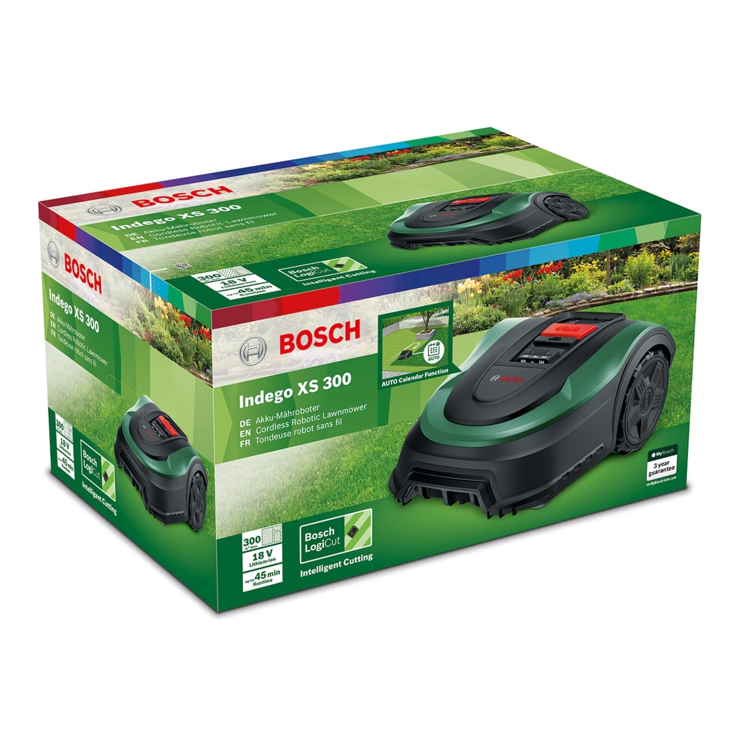 Bosch Home and Garden Indego XS 300 Robotmaaier (met geïntegreerde 18 V-accu, inclusief laadstation, snijbreedte 19 cm, voor gazons tot 300 m², in doos) Zwart, Groen 
