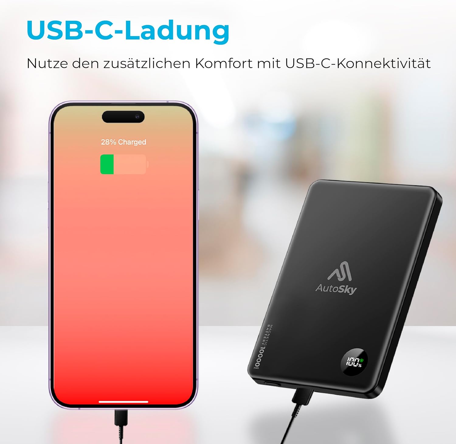 AutoSky Magnetische Powerbank 10.000 mAh | Draadloos &amp; USB-C | LED-scherm (APB-200) 